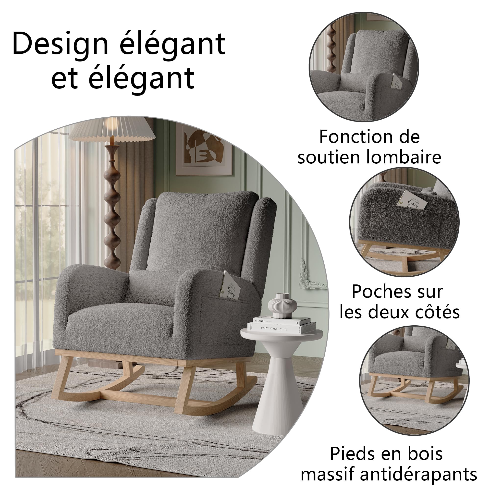 Fauteuil d'allaitement, Fauteuil a Bascule avec Dossier Haut, Coussin Lombaire et Poche Latérale, Chaise Allaitement Chambre Bebe Rocking Chair Bois Interieur pour Salon, Coucher, Tissu en Velours