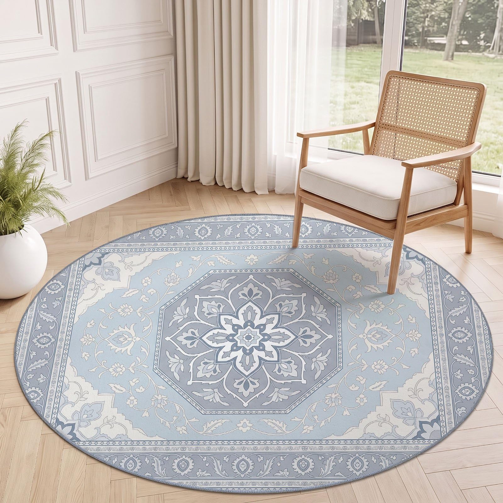 Tappeto rotondo bohemien, tradizionale 120 cm, motivo geometrico, motivo floreale, lavabile in lavatrice, per soggiorno, blu, grigio, antiscivolo, pelo corto, tappeto rotondo stampato per la cameretta