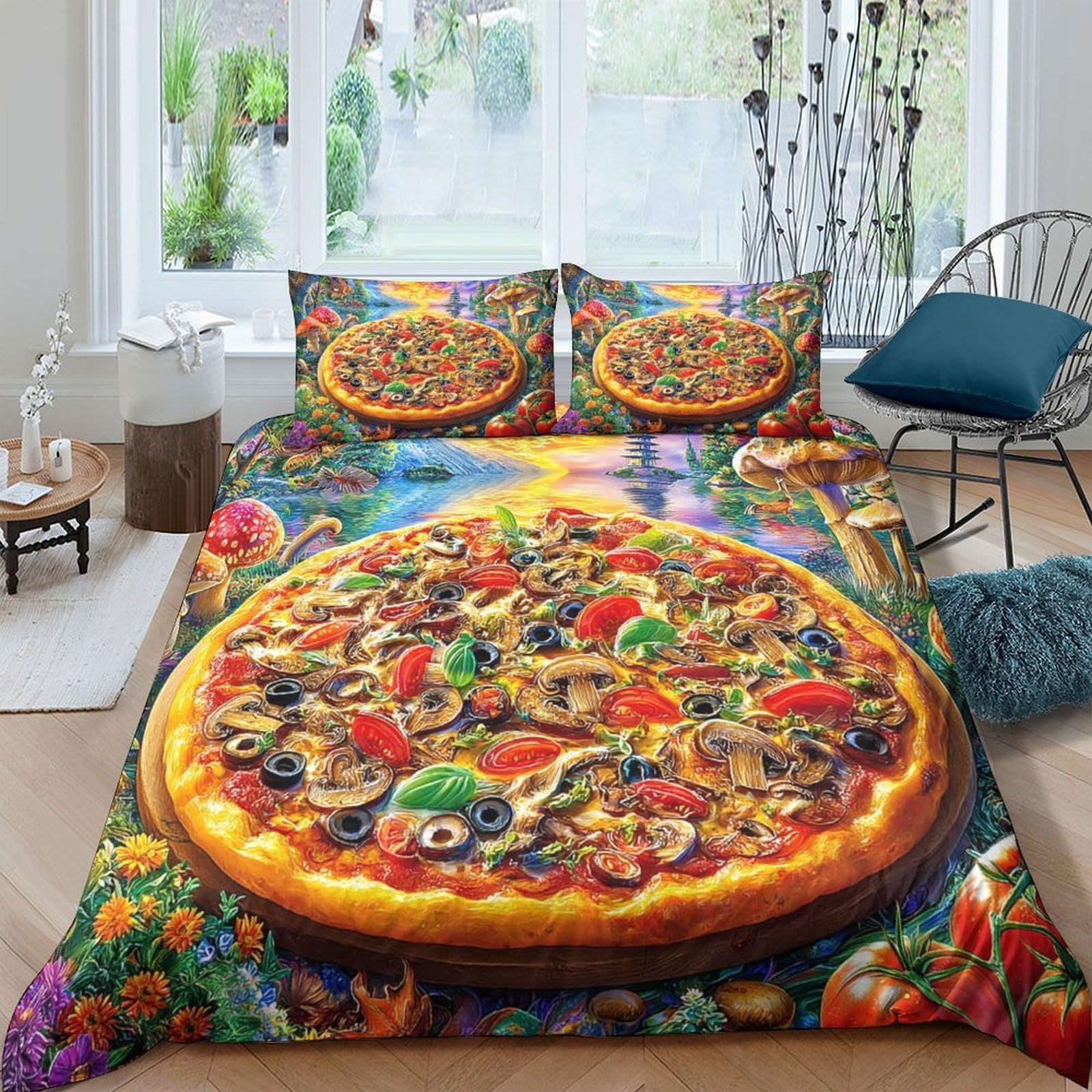 Set de lit pizza cadeau de crémaillère original parure de lit 3 pièces grand format