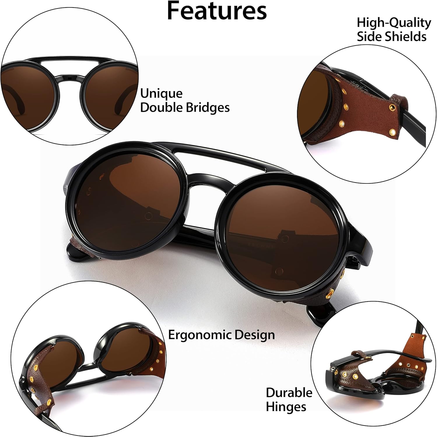 Technigadgets Finnegan Steampunk Retro Sunglasses Men Women with Leather Side Shield Double Bridge Plastic Frame Mens Gift