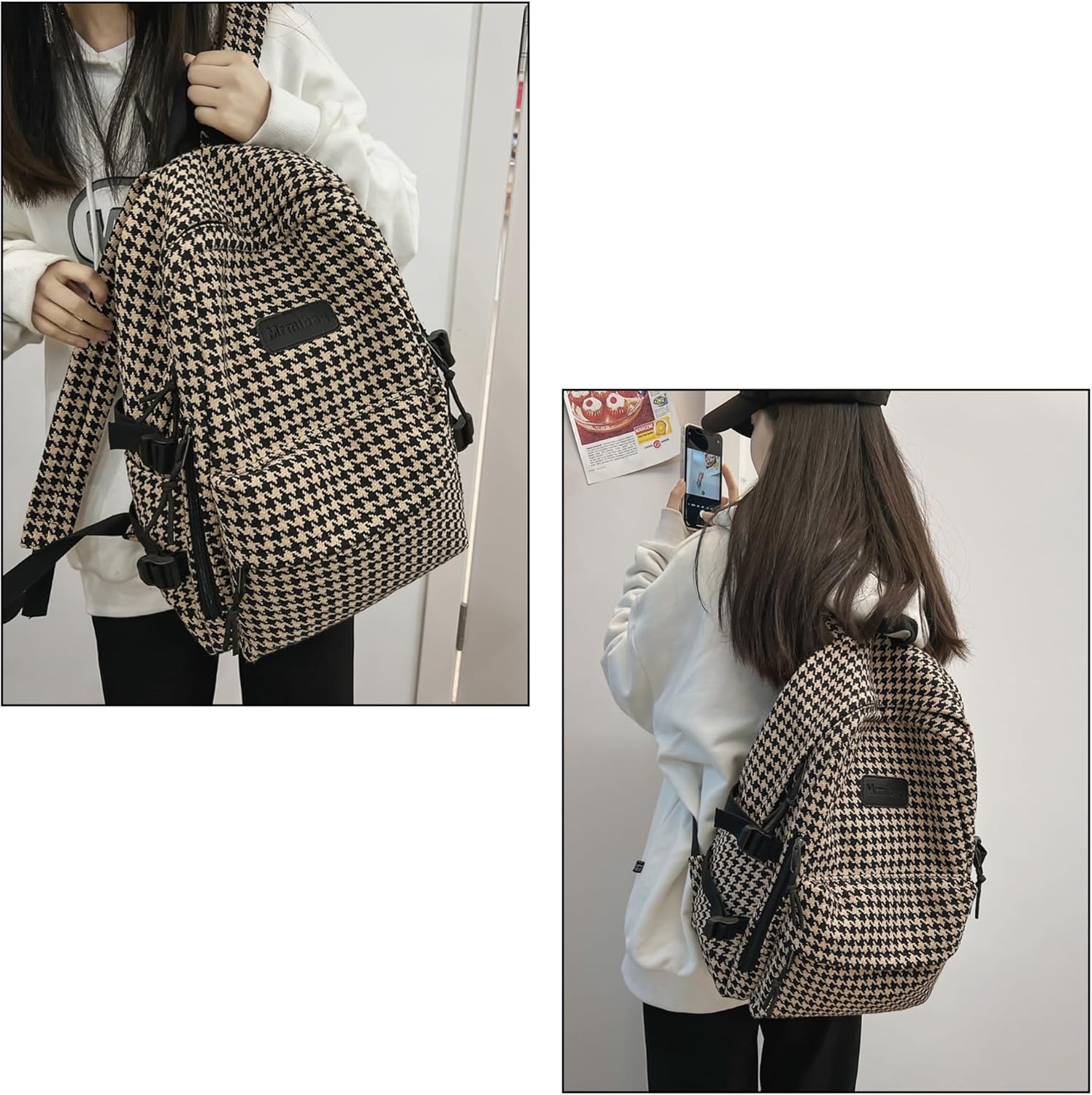 Vintage Checkered Laptop Backpack for Women - Plaid Houndstooth Fashion Aesthetic Bookbag with Leather Accents (【Brown】)