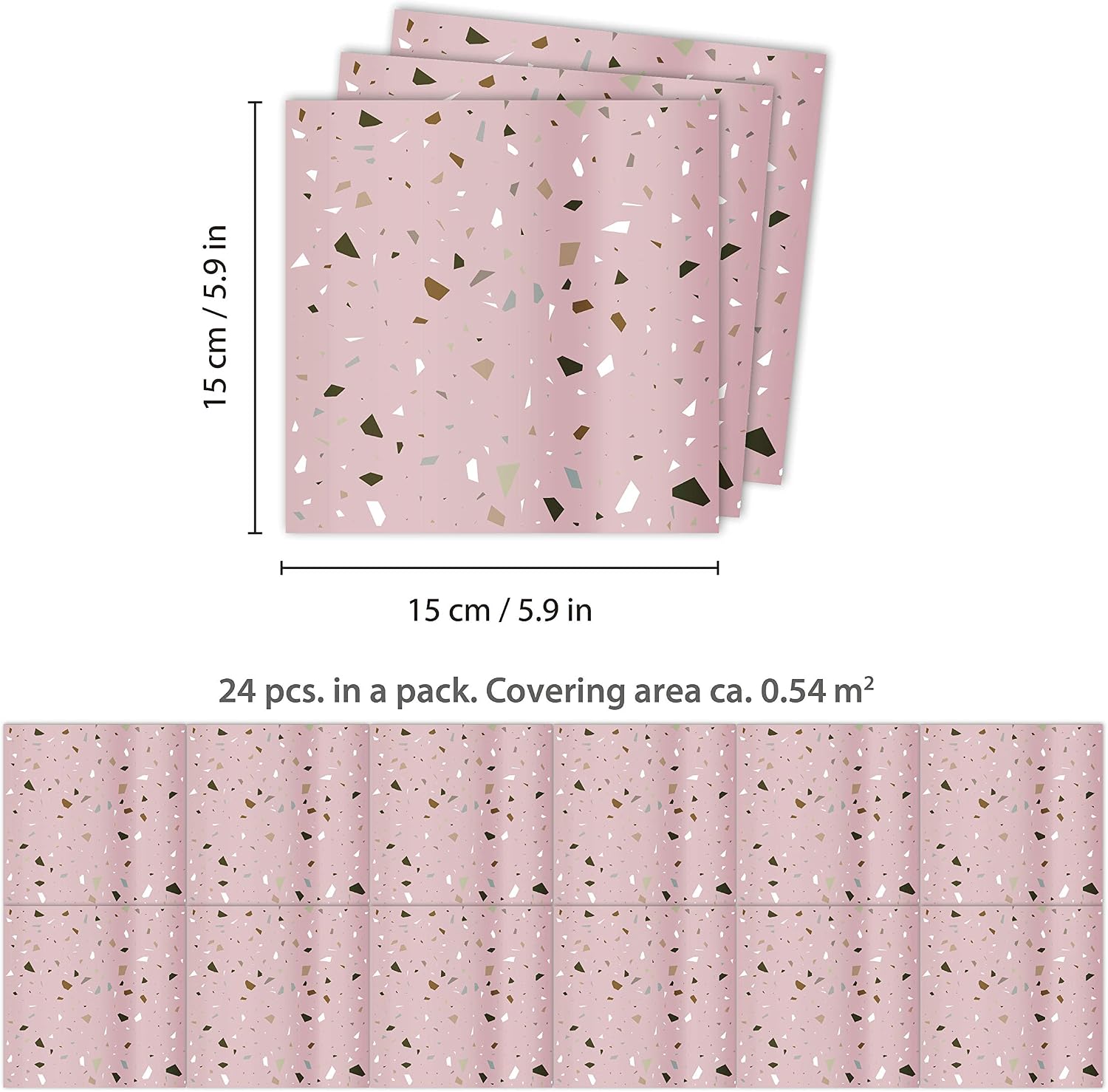 WALPLUS 24 PCS 15cm (6") Rose Pink & Metallic Silver Terrazzo Tile Stickers - Image 5