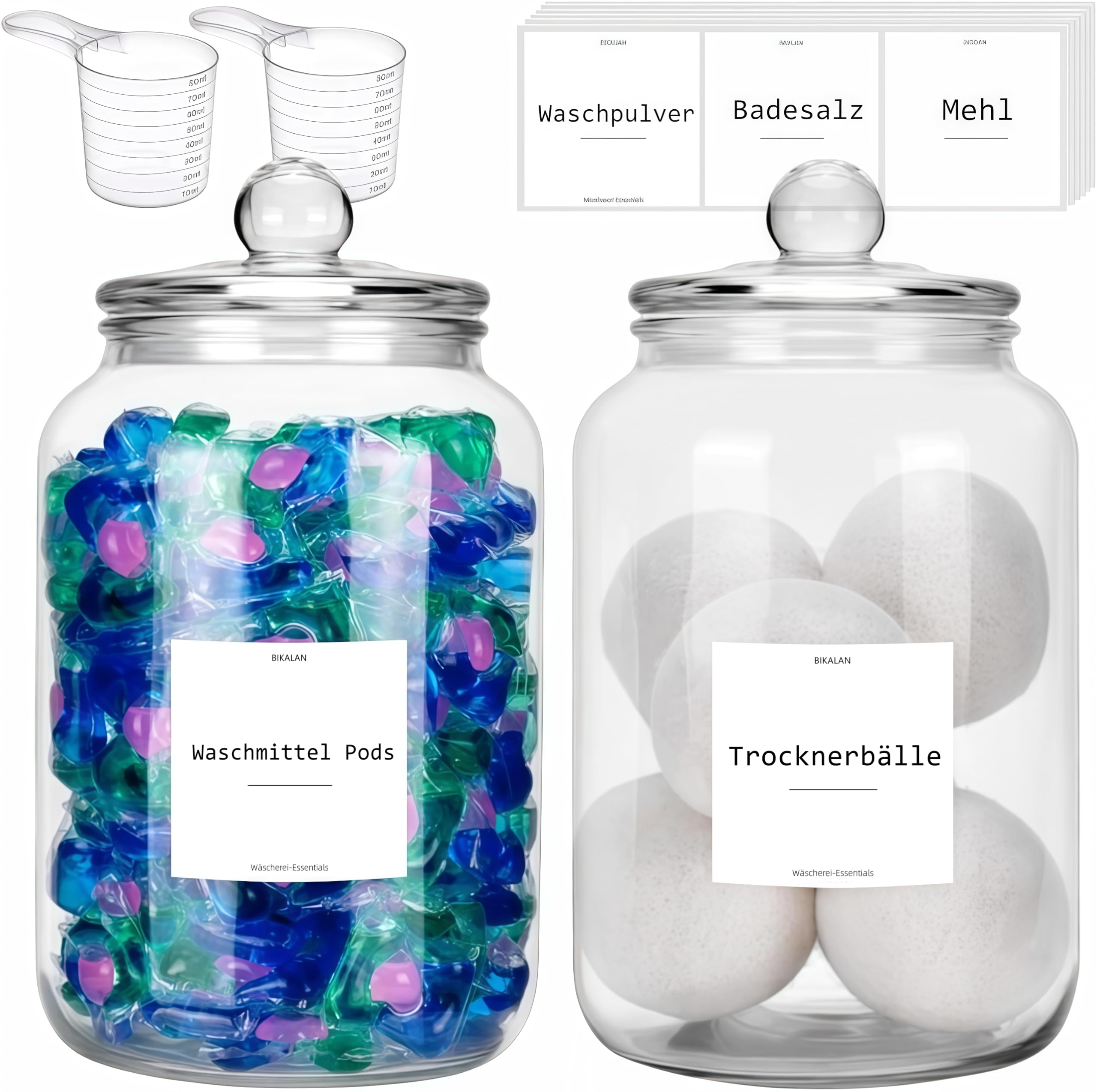BIKALAN Waschmittel Pods Aufbewahrung Glas, 2er * 3L Waschpulver Glasbehälter Vorratsdosen mit Deckel Luftdicht und 26 Aufkleber, Mehl behälter, Pasta Vorratsgläser (3000ml) Küche, Haushalt & Wohnen