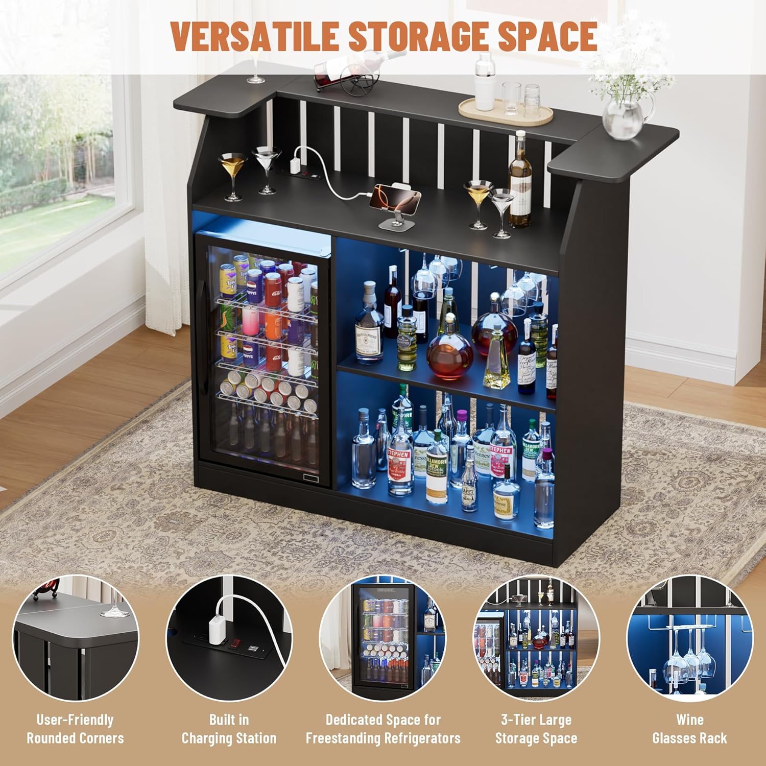 Home Bar Unit with Fridge Space, Farmhouse Liquor Wine Cabinet with LED Lights, Power Outlet, Glass Holder, 61.4" Mini Bar Table with Storage for Home Pub, Basement, Living Room, Bistro, Black