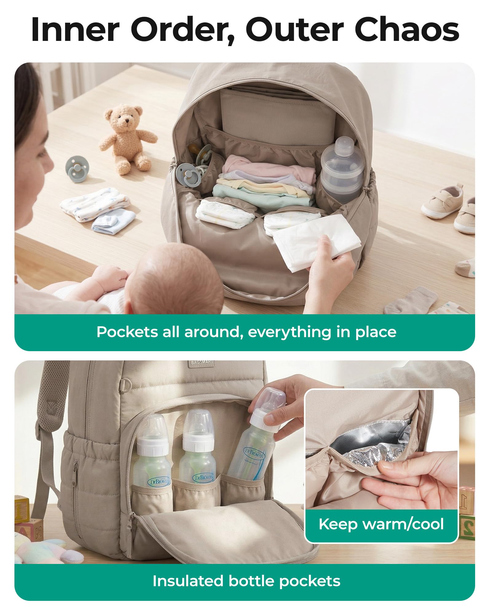 BAGSMART Diaper Bag Backpack, Multi-Pocket Puffy Diaper Bag with Waterproof Changing Pad, Lightweight Stroller-Friendly Diaper Bag with Insulated Pockets, Easy-Access Baby Essential, Camel - 4