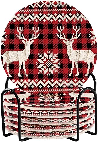 Drink Coasters Set of 6 with Holder Drink Coasters for Home Coasters for Office Porta Vasos para Mesas Christmas and New Year Pattern Buffalo Plaid