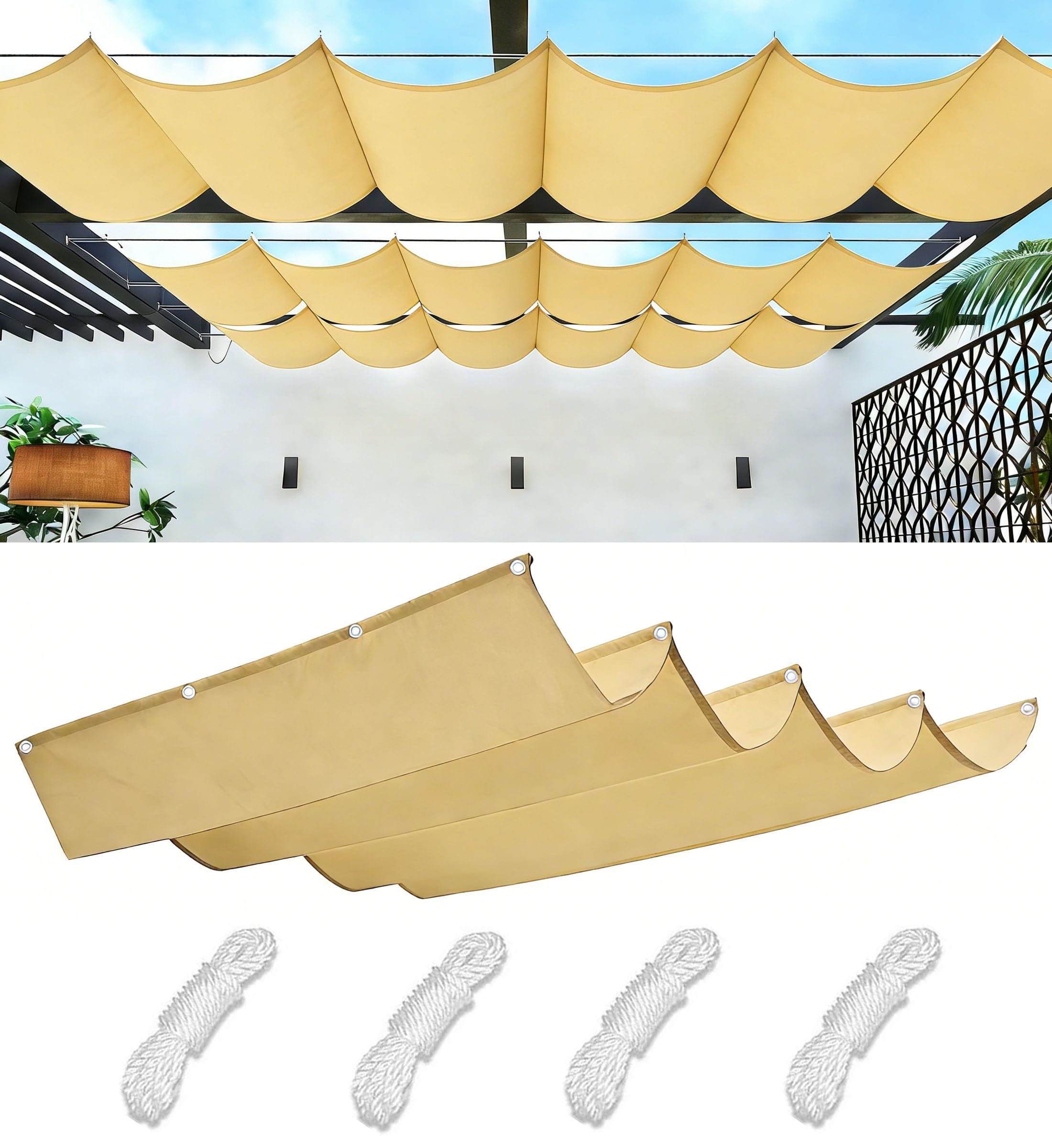 Retractable Wave Sun Shade Sail Rectangle Waterproof Sun Shade for Outdoor Garden UV Block Sunshade Cloth Canopy with Rope for Yard Deck Lawn Garden Patio Carport 2x2.5M Sand