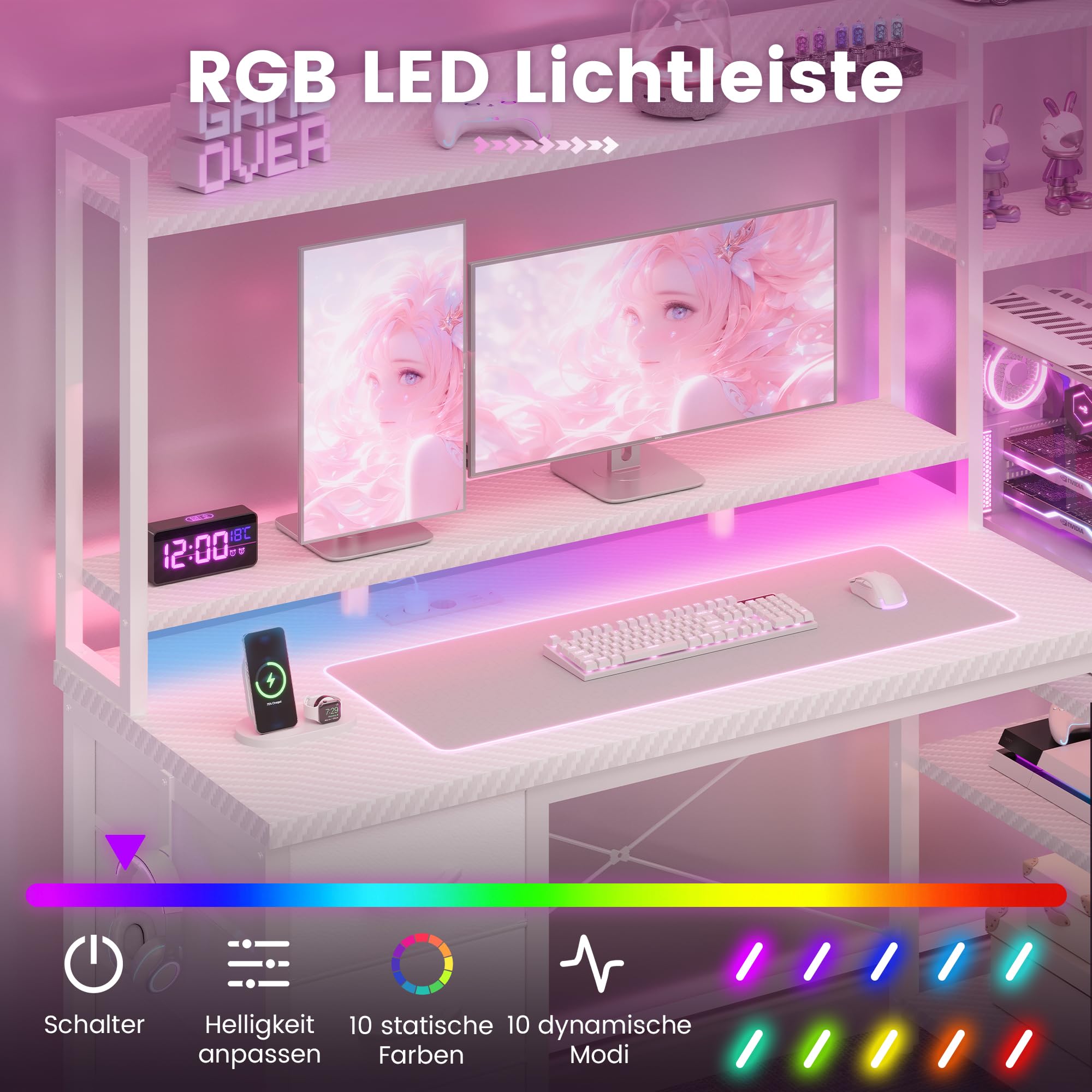 YOUDENOVA Biurko gamingowe z szufladami i regałem, 130 x 48 cm, stół gamingowy z diodami LED, gniazdkiem elektrycznym i USB, biurko komputerowe ze stojakiem na monitor, półką i uchwytem na słuchawki