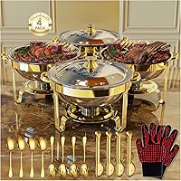 GRANVELL Gold Round Chafing Dishes 4 Pack 6QT Buffet Warmers with Gloves, Spoons, Tongs - Party Ready Set
