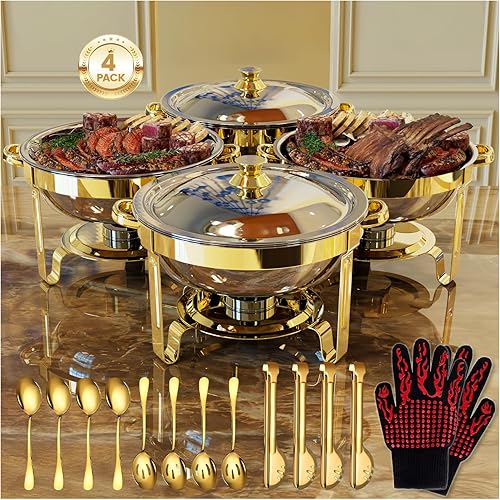 Platos Calentadores Redondos para Buffet Paquete de 4, Chafers de 5QT y Calentadores de Buffet con 2 Guantes Resistentes al Calor, 4 Cucharas, 4