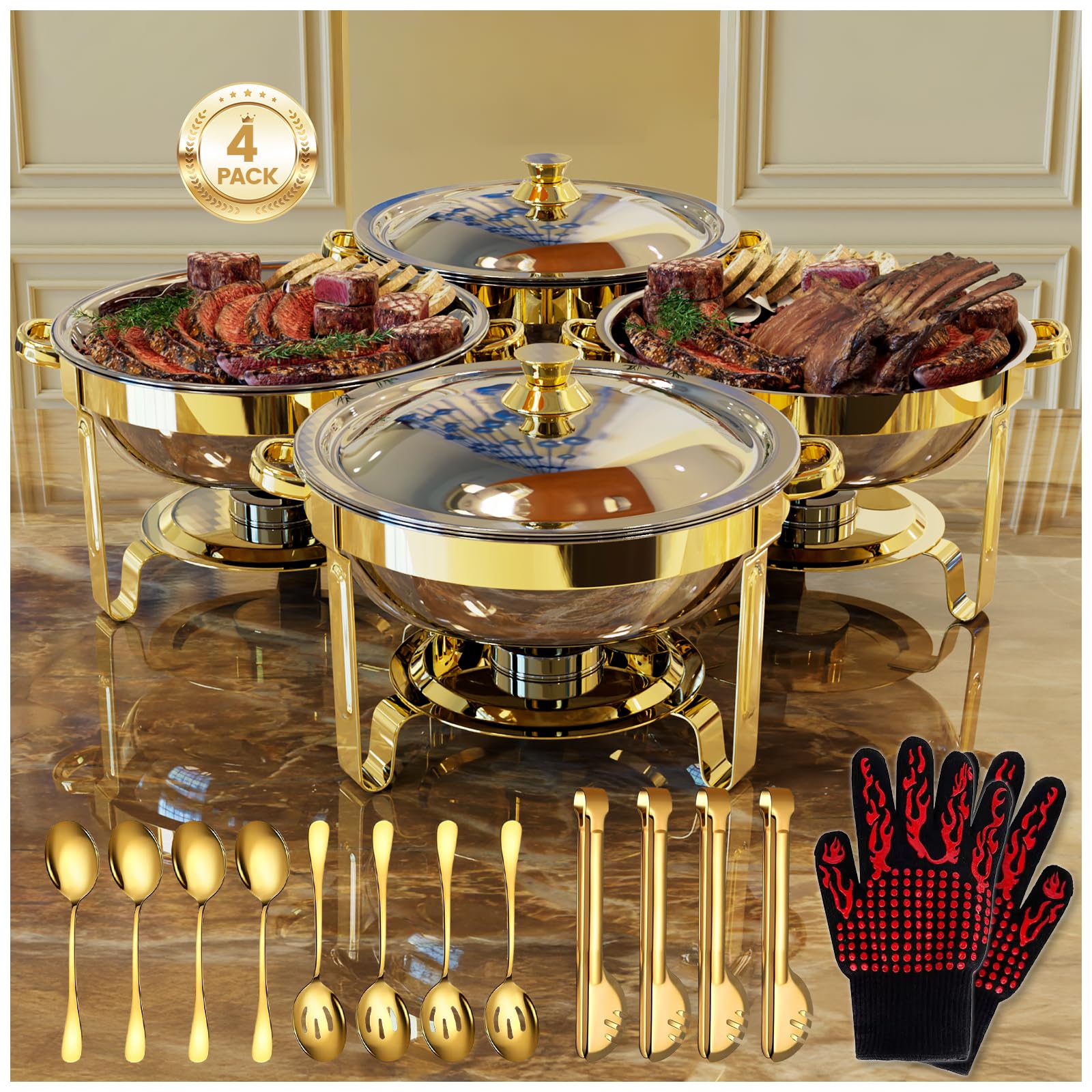 Platos redondos para bufé, paquete de 4, juego de 4 chafers y calentadores de buffet de 5 cuartos con 2 guantes a prueba de calor, 4 cucharas, 4 cucharas ranuradas y 4 pinzas, platos dorados para