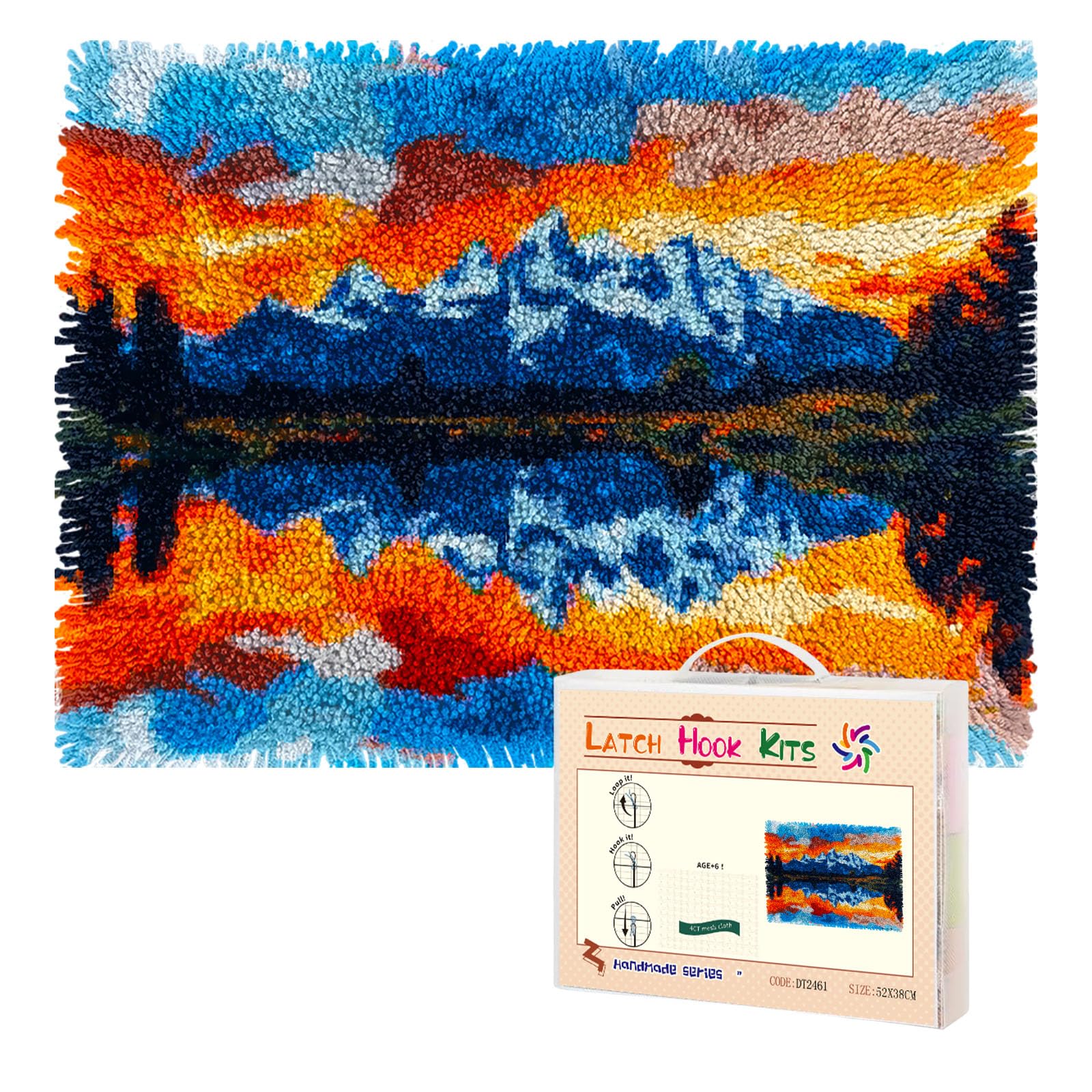 Latch Hook Rug Kit Landscape of Mountain Lake Pre-Printed Handmade Carpet Crochet Yarn Craft DIY Hook and Latch Door Mat Tapestry for Home Floor Decoration 52x38cm-1