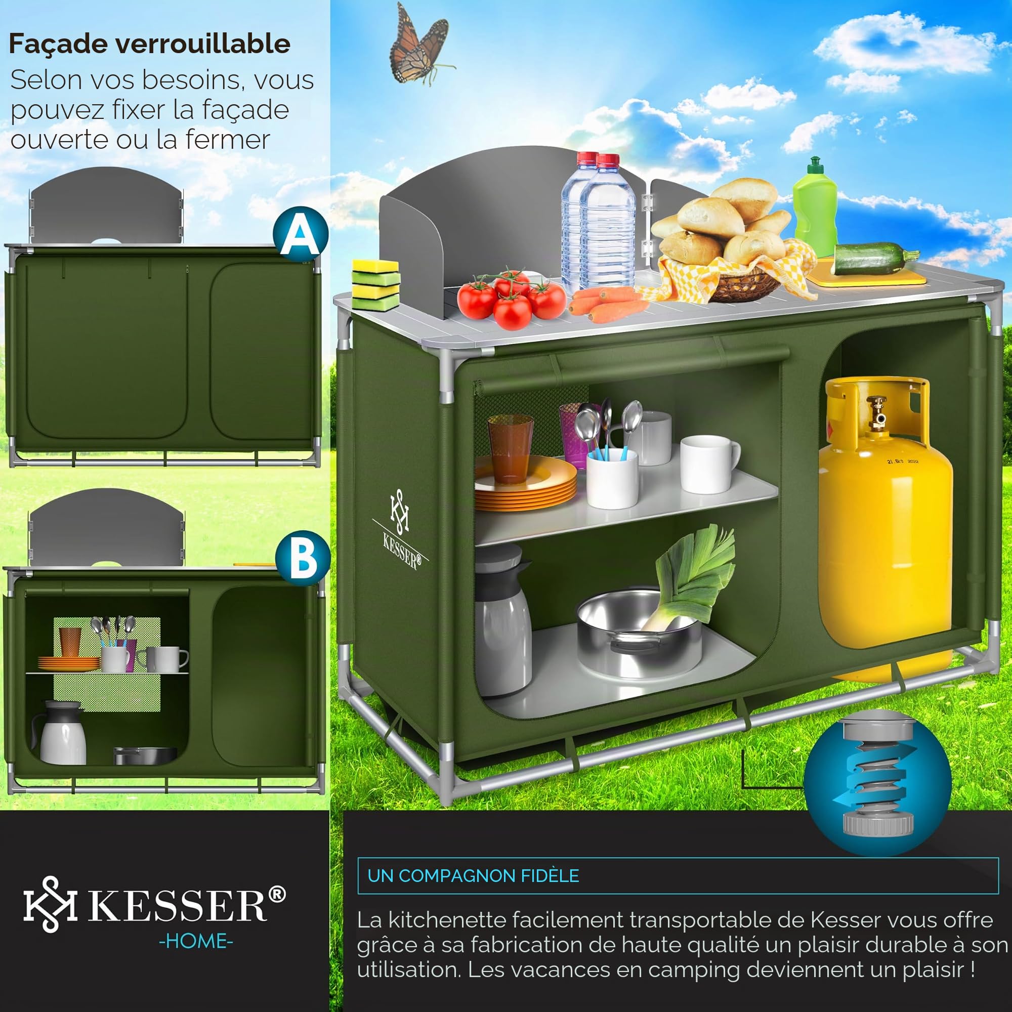 KESSER® Cuisine de camping | Avec sac de transport et set de tasses | Armoire de camping pliable | avec cadre en aluminium | Cuisine de voyage | Boîte de cuisine | Armoire de tente | Cuisine de