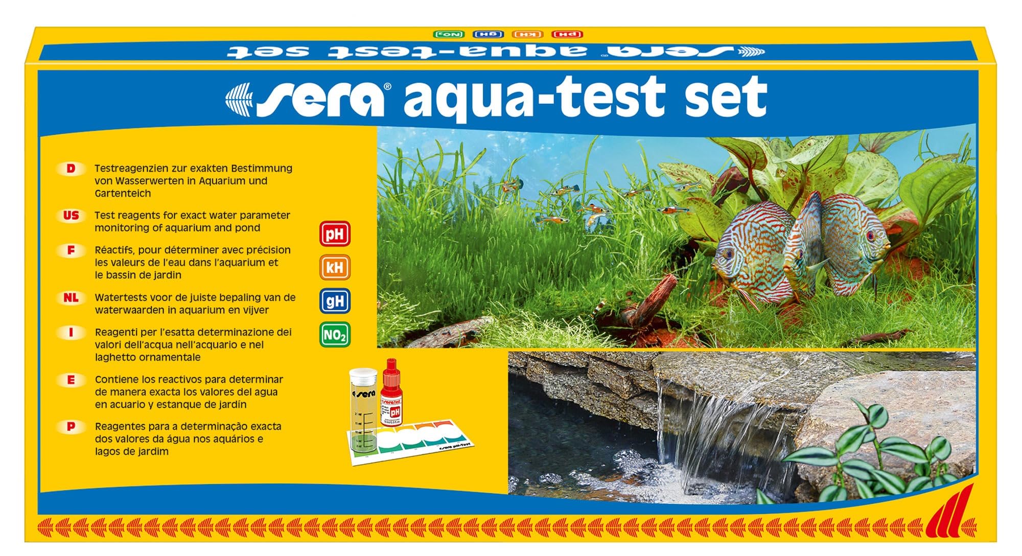 sera aqua test set | per acquari e laghetti | 4 principali test dell'acqua ph gh kh no2 | test professionali | set di test dell'acqua per acquari | valore pH, durezza carbonatica & totale, nitriti