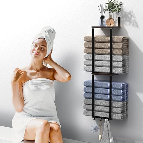 Miniatura 7 de Toallero de baño, toallero para baño montado en la pared con estantes de madera y 3 ganchos, almacenamiento de toallas para baño pequeño, toallero