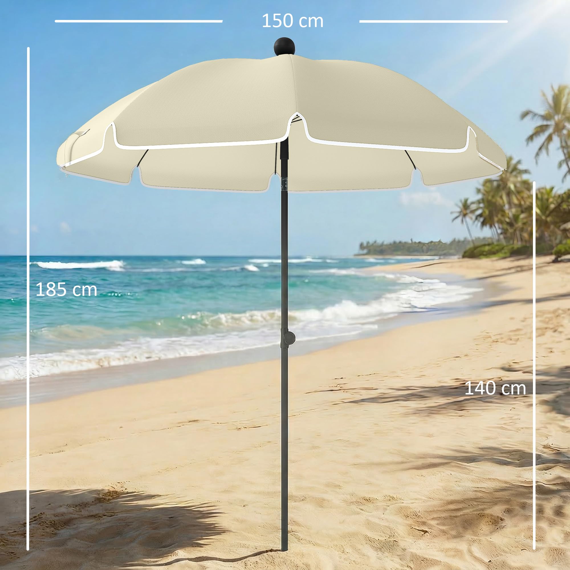 Outsunny Sonnenschirm Strand Ø150 cm Strandschirm mit Sonnenschutz wasserabweisend faltbar mit Sandanker und verstellbarer Neigung Tragetasche für Camping Reisen Strand Beige