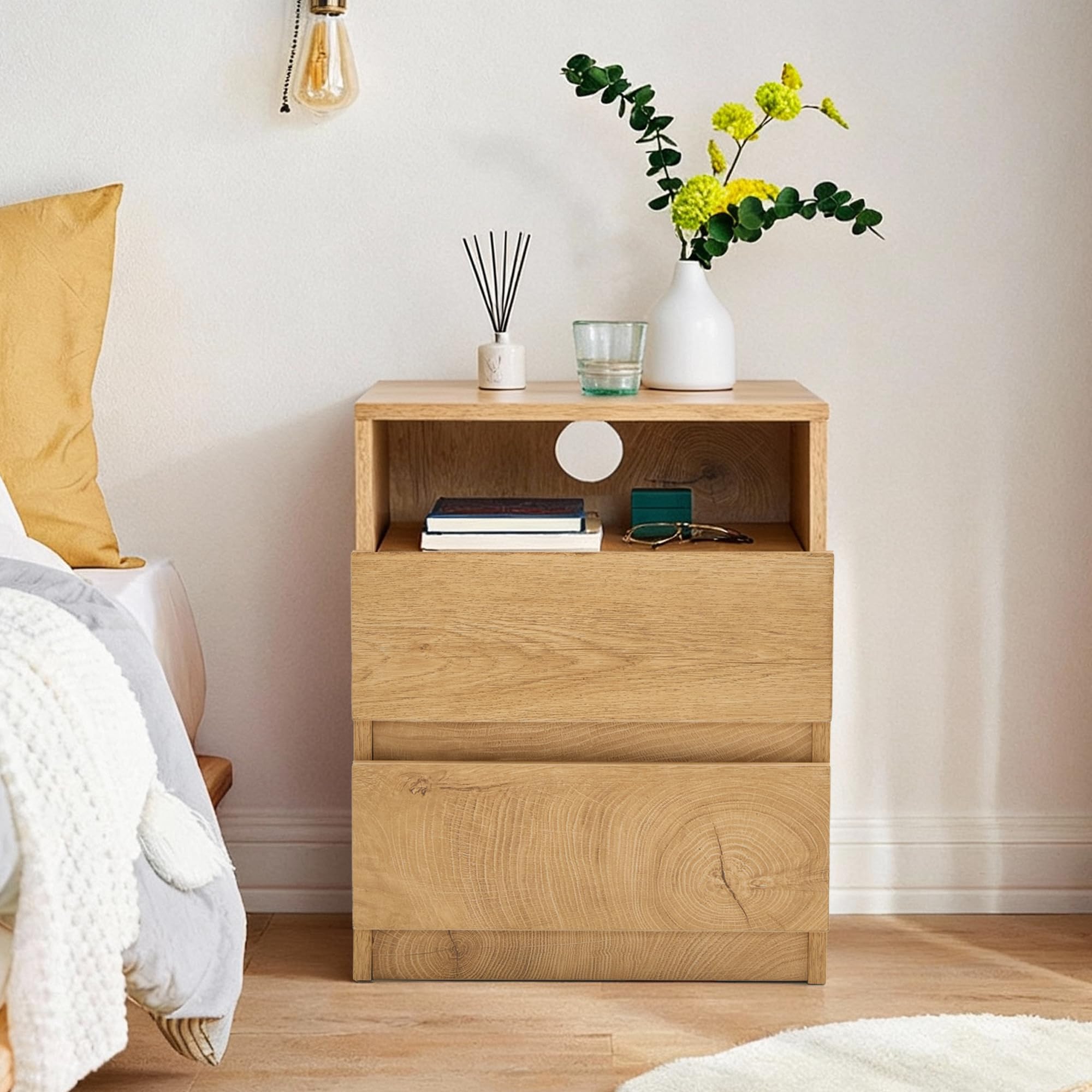 Mingone 2er-Set Nachttische mit 2 Schubladen,Nachtschrank aus Holz,Beistelltisch mit Stauraum Holzfarben für Wohnzimmer, Schlafzimmer