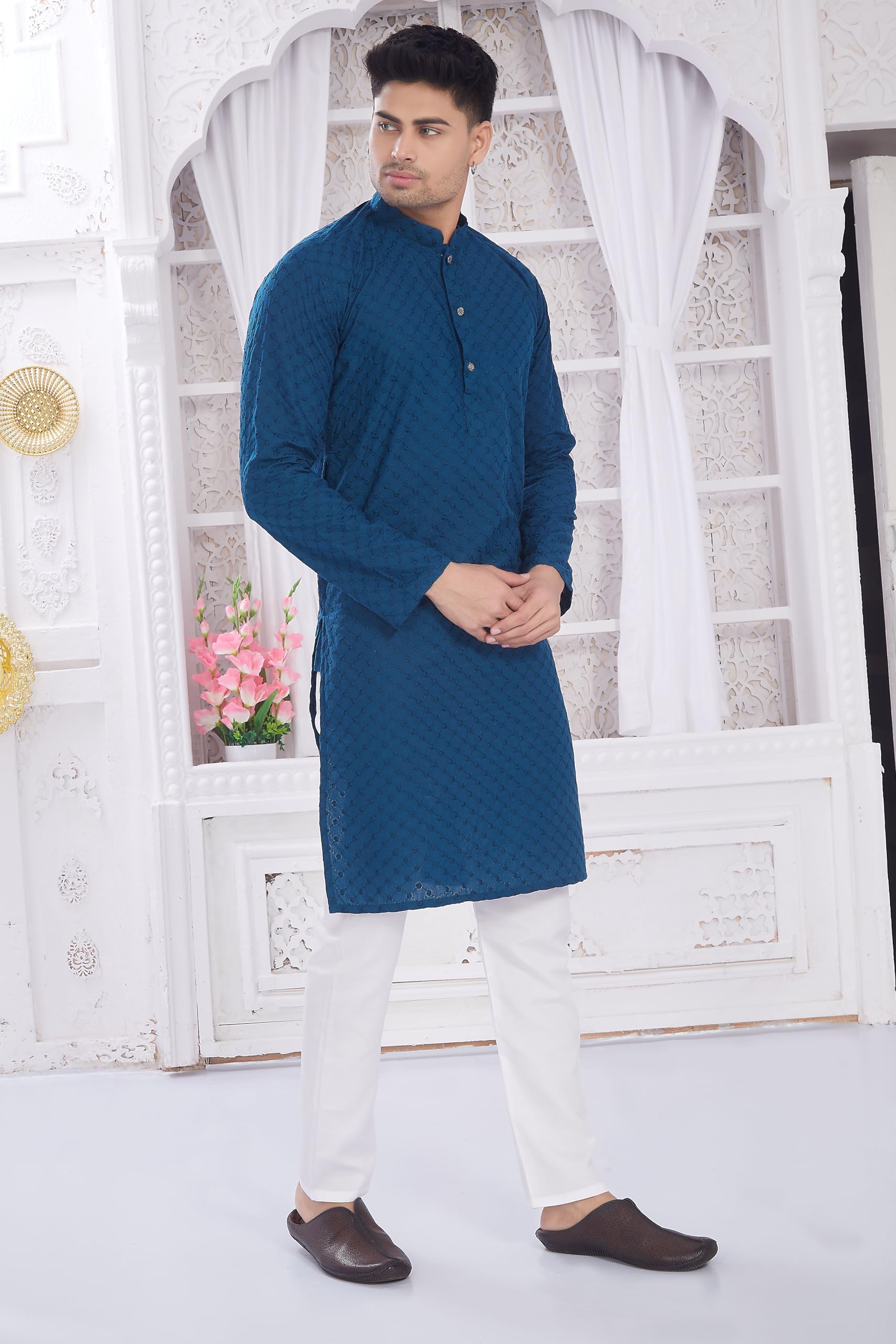 Divisive Men's Thread Embroidered Cotton Only Slim Fit Kurta (Dkrt637_Xxl_Turquoise)