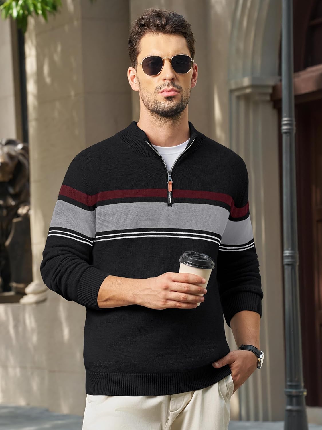 MAGNIVIT Men's Sweater Quarter Zip Striped Pullover Fall Winter Spring Color Block Polo Sweatshirts - Image 3