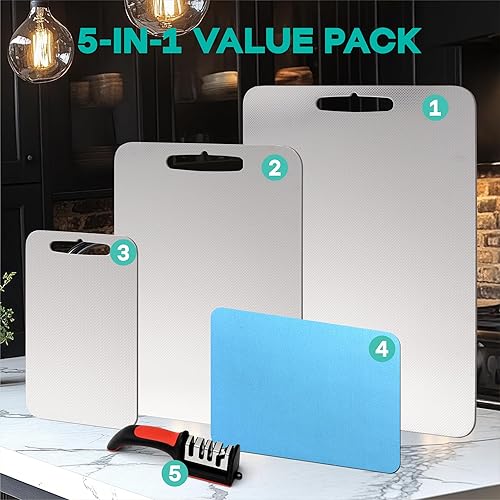 Miniatura 2 de Tabla de cortar de acero inoxidable, paquete de 3 tablas de cortar higiénicas y resistentes a los arañazos para cocina con alfombrilla