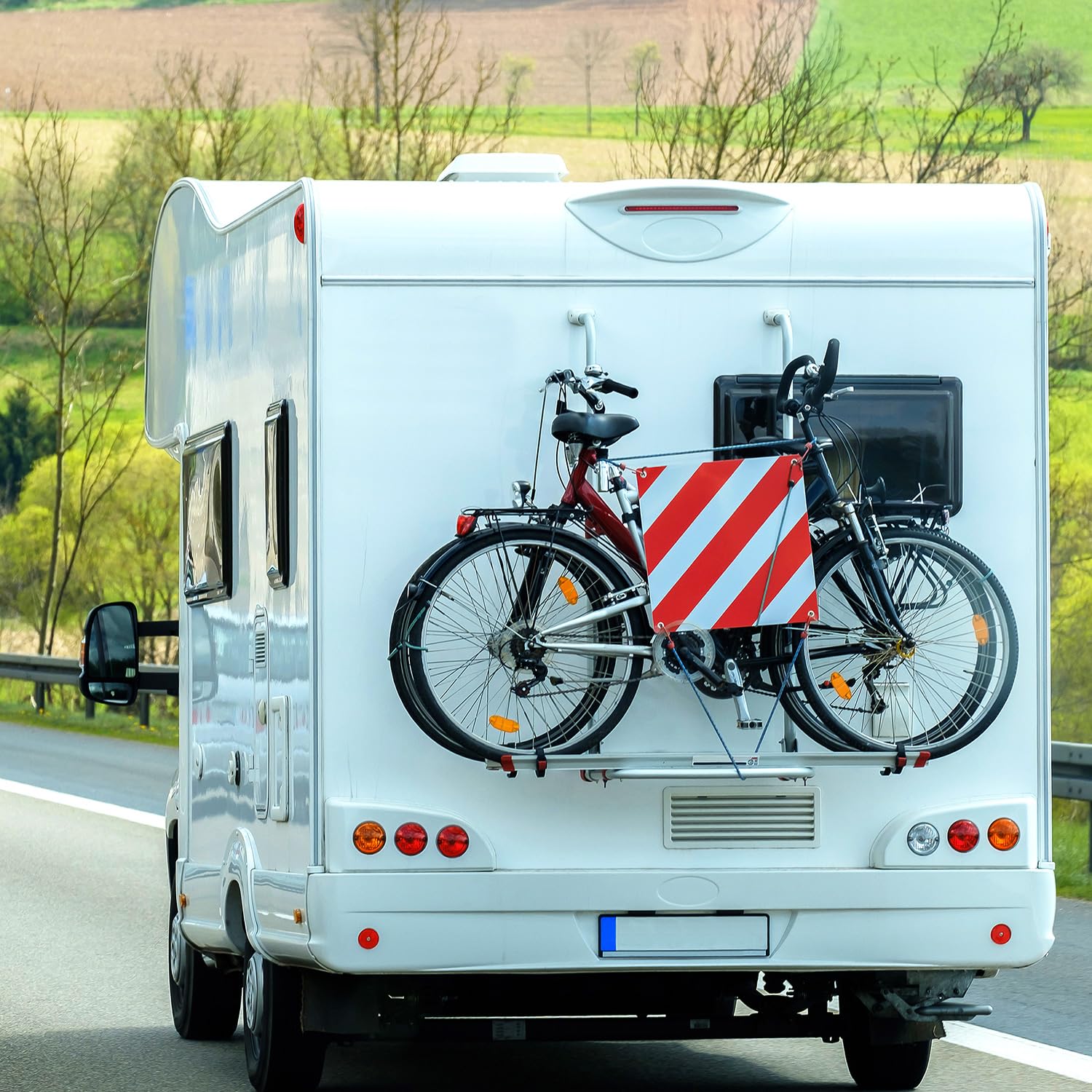 QWORK® 2 en 1 Panneau d'avertissement réfléchissant avec 4 cordes de tension, panneau signalisation 50 x 50 cm l'Italie et l'Espagne, pour porte-vélos et porte-arrière