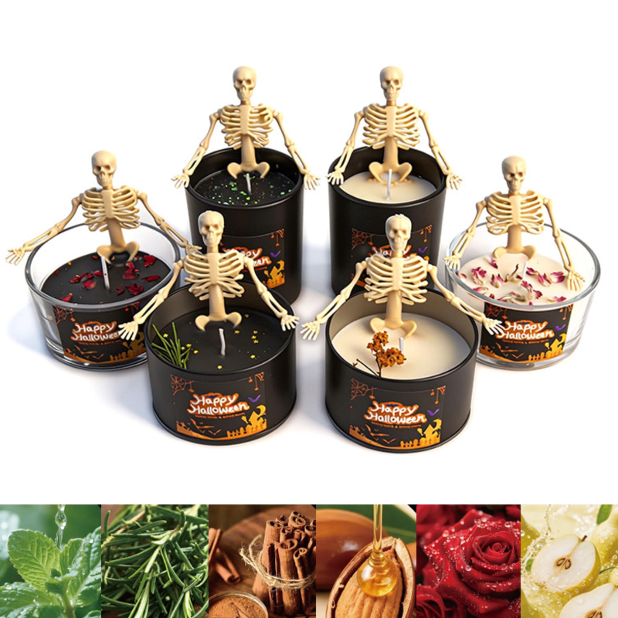 Halloween Sojawachs Duftkerze, Skelett Kerze Deko (6 Stück,Gemischtes Paket)