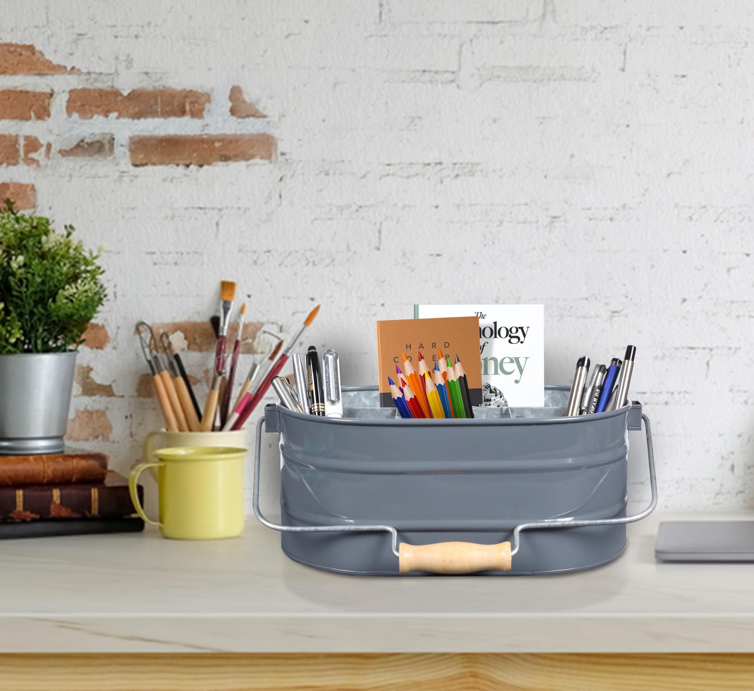 Contenitore Multiuso In Metallo Galvanizzato Rustico 34x25x14 Cm - 4 Scomparti In Legno - Portaoggetti Per Cucina E Bagno