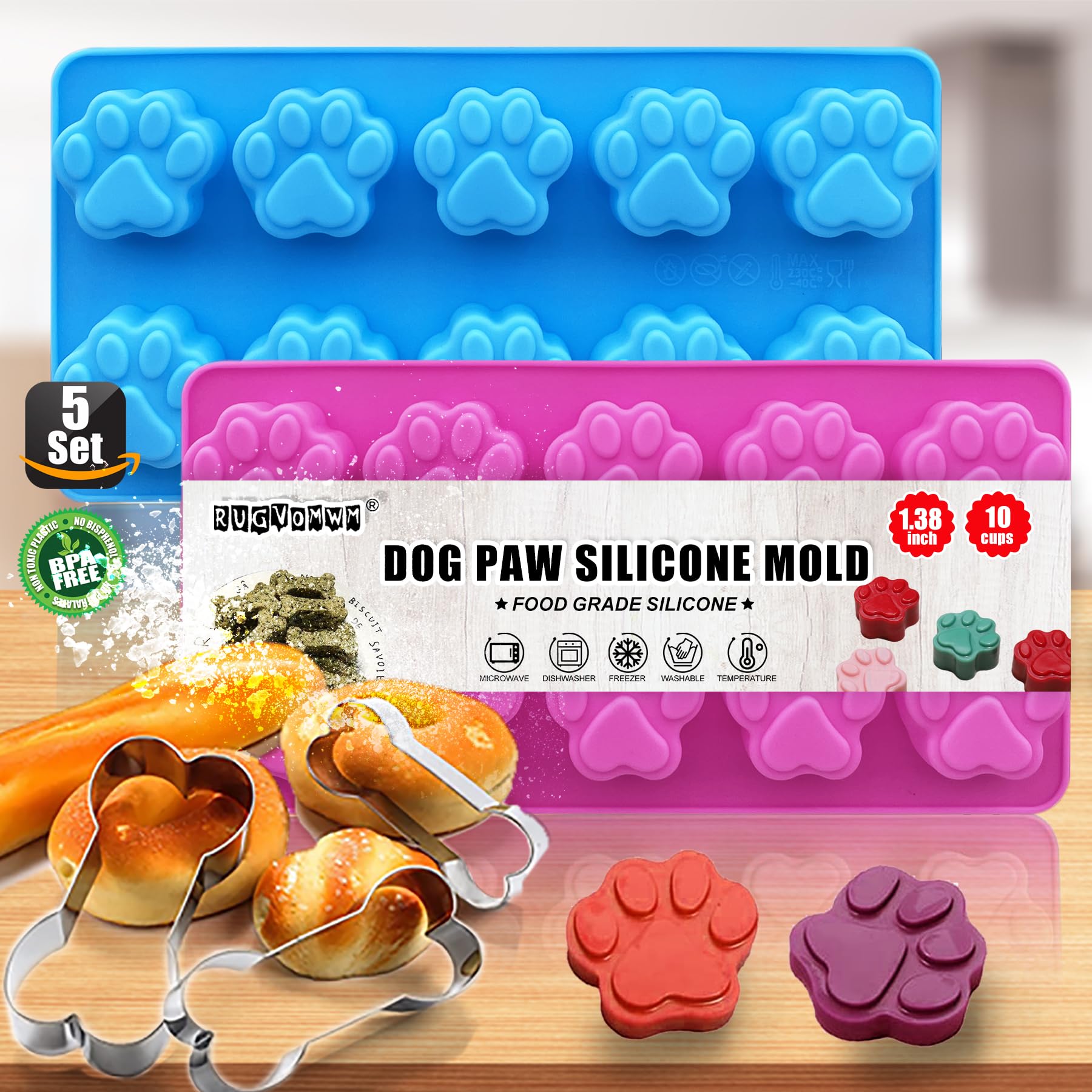 Set of 5, 2 Pack Puppy Dog Paw and 3 Pack Stainless Steel Bone Cookie Cutter, RUGVOMWM Food Grade Silicone Molds (Pink & Blue)