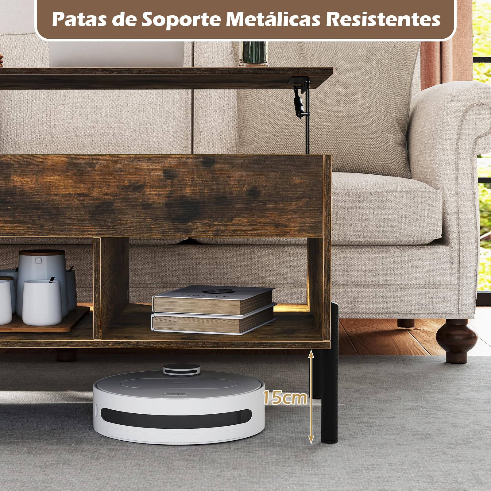 COSTWAY Mesa de Centro Elevable, Mesa Central de Café con Tablero Elevable, Amplio Compartimento Oculto y 3 Espacios Abiertos, Mesita de Cóctel con Patas de Metal (Café)