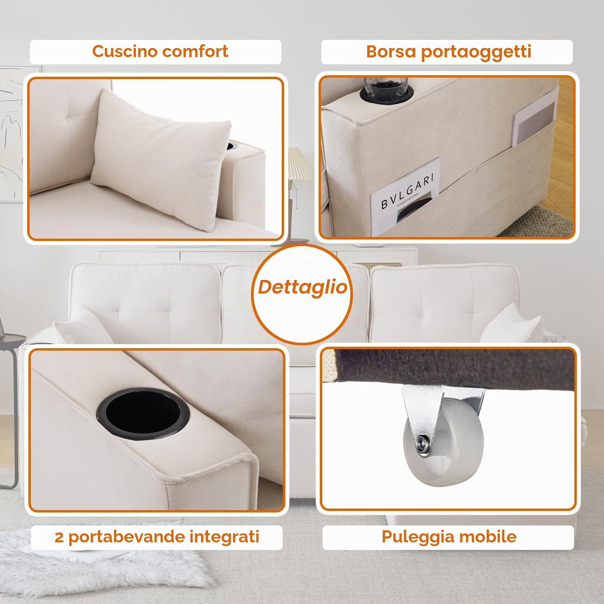 Soweiz Divano letto con funzione di sonno, divano a forma di L, design moderno, poltrona lounge con vano portaoggetti, con portabevande, divano letto, soggiorno e sinistra, intercambiabile (beige)