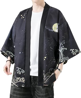 Kimono For Men 3/4 Sleeve Japanese Kimono Cardigan Lightweight Yukata Shirt | Casual Unisex Haori Summer Silky Short Robe Loose Open Front Happi Coat Beach Lounge Travel Sleepwear Comfy Soft Polyester