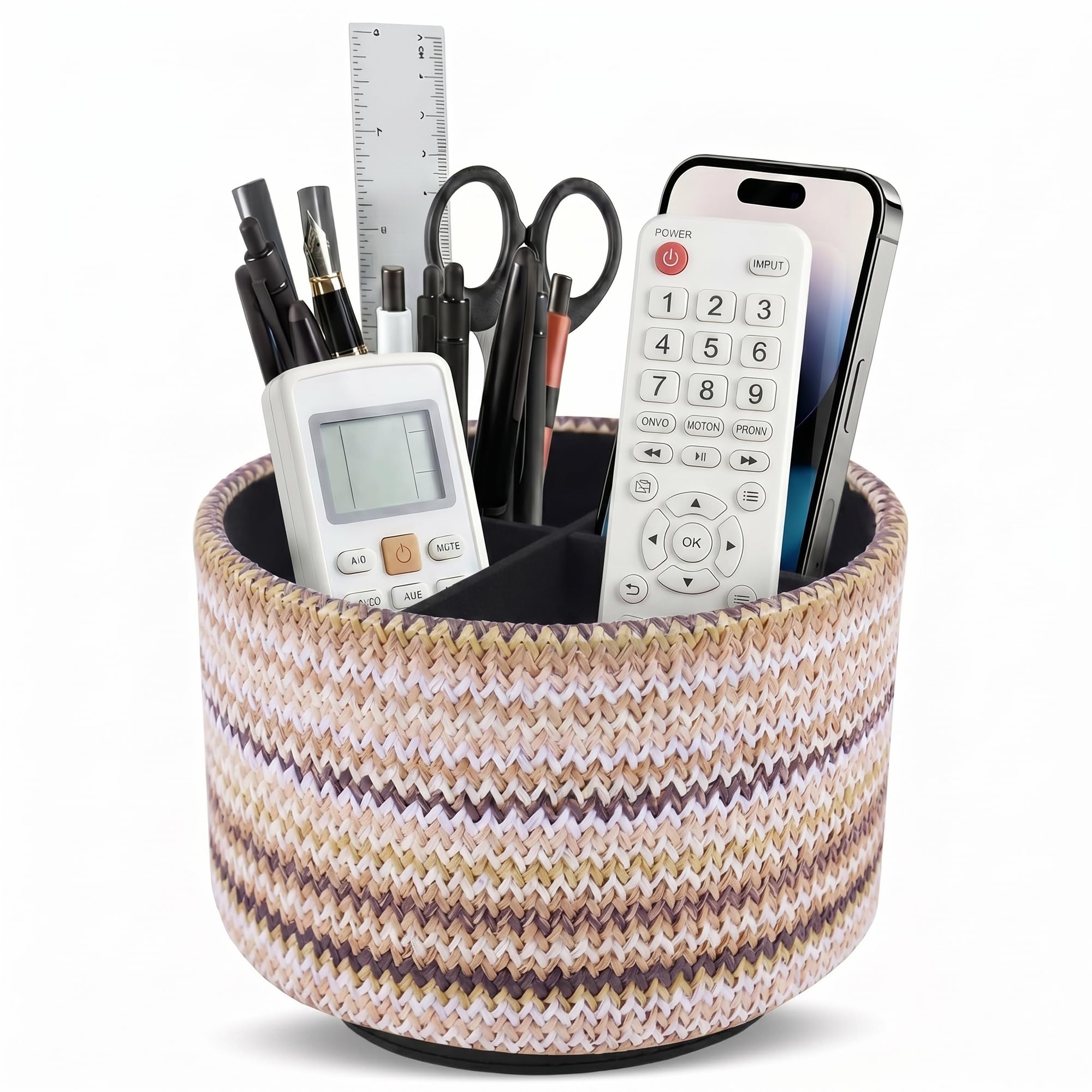 Mtzmy Round Leather Art Supply Organizer,Remote Control Holder,360 Degree Spinning,Multi-Functional Pencil Holder,4 Compartments Desktop Stationary Organizer(1-Woven Brown) โ image 1