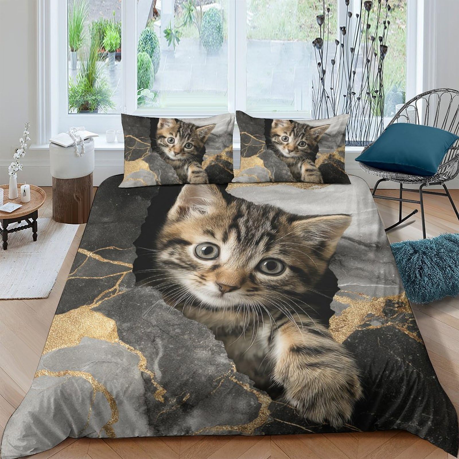 Ctjqhvkz Style-4 3D Printed Cute Tabby Cat Fitted Sheet Microfiber Soft Breathable Realistic Kitten Bed Cover For Bedroom Guest Room Mattress Decor Single（135X200cm）