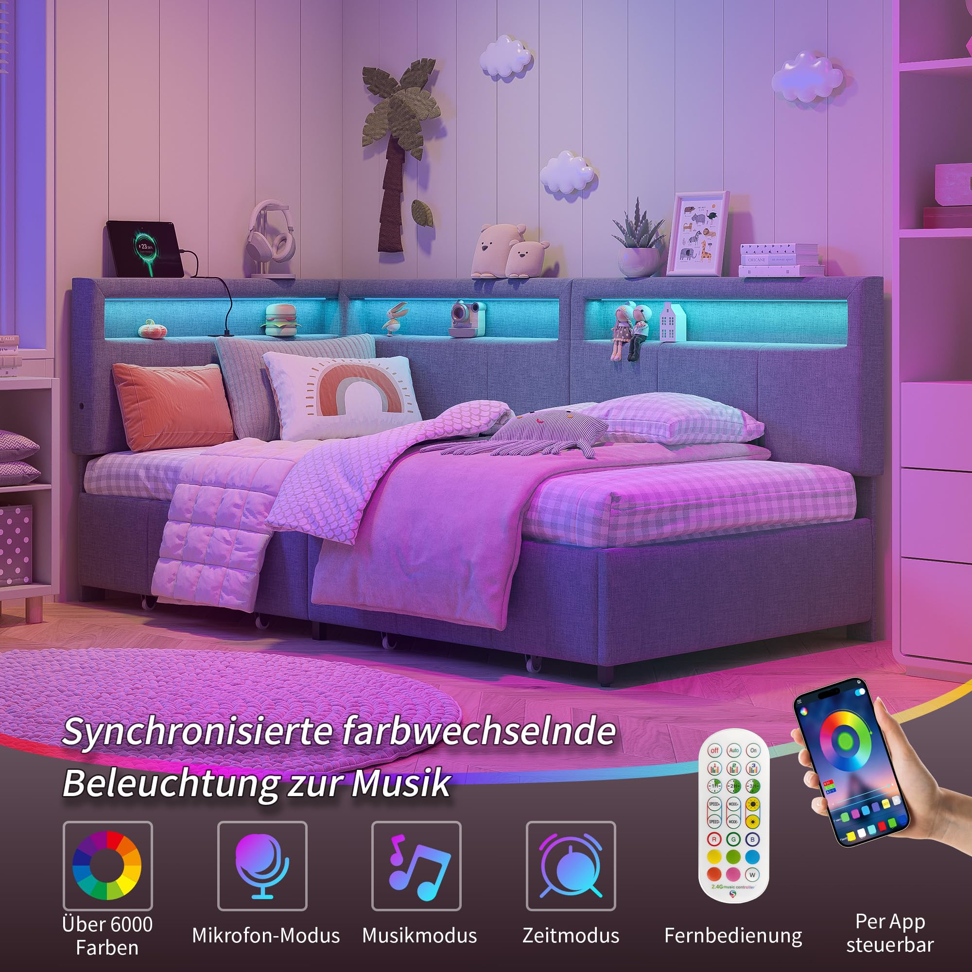 Letto angolare imbottito 90x200 cm con illuminazione a LED e USB-C, divano letto a L con 2 cassetti e ripiano contenitore, letto funzionale con base a doghe