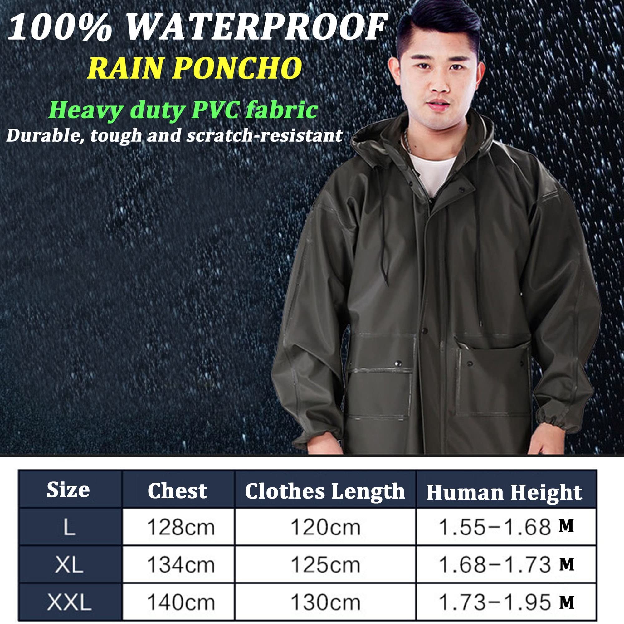 Ponchos de Pluie Épais et Imperméables à Capuche Cape de Pluie Adulte Homme Femme Poncho Durable avec Poches pour Cyclisme, Camping, Randonnée, Pêche, Alpinisme