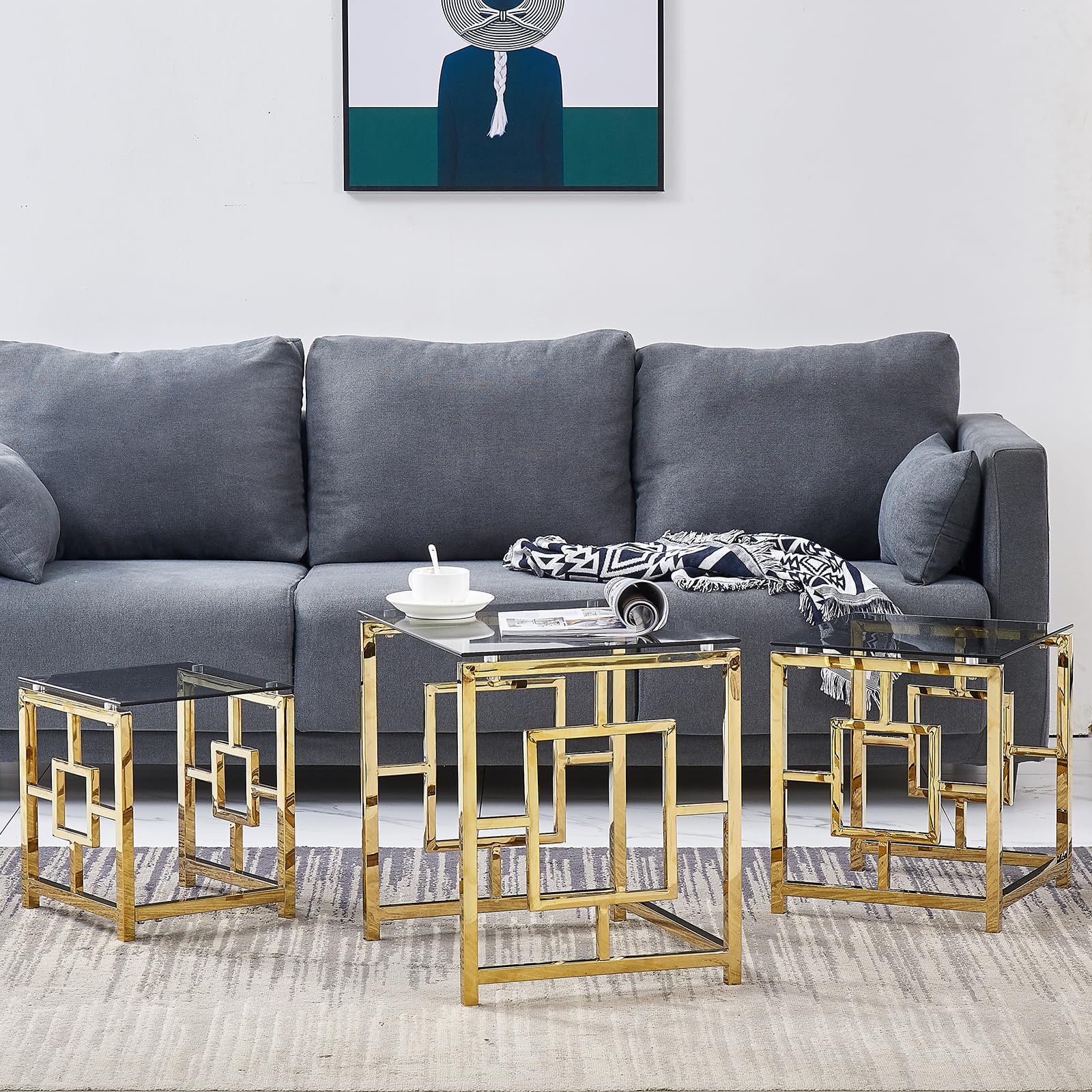 ZOONFA Nest of Table Set of 3 Square Coffee Table with Gold Stainless Steel Frame Dark Glass Tabletop Ending Table Sofa Side Table for Living Room Office (Gold Frame,Dark top)