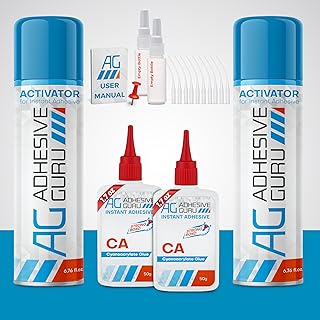 Adhesive Guru CA Glue with Activator Kit (2x1.7 oz + 2x6.76l.oz) Professional Cyanoacrylate Adhesive and Super Glue Accelerator for Woodworking with Extra Caps&Microtips, DIY&Craft, Plastic, Repair