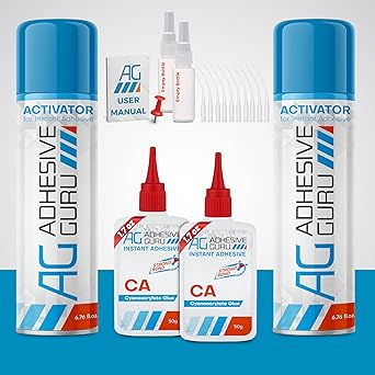 Adhesive Guru CA Glue with Activator Kit (2x1.7 oz + 2x6.76l.oz) Professional Cyanoacrylate Adhesive and Super Glue Accelerator for Woodworking with Extra Caps&Microtips, DIY&Craft, Plastic, Repair