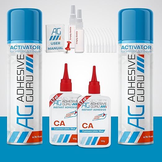 Adhesive Guru CA Glue with Activator Kit (2x1.7 oz + 2x6.76l.oz) Professional Cyanoacrylate Adhesive and Super Glue Accelerator for Woodworking with Extra Caps&Microtips, DIY&Craft, Plastic, Repair