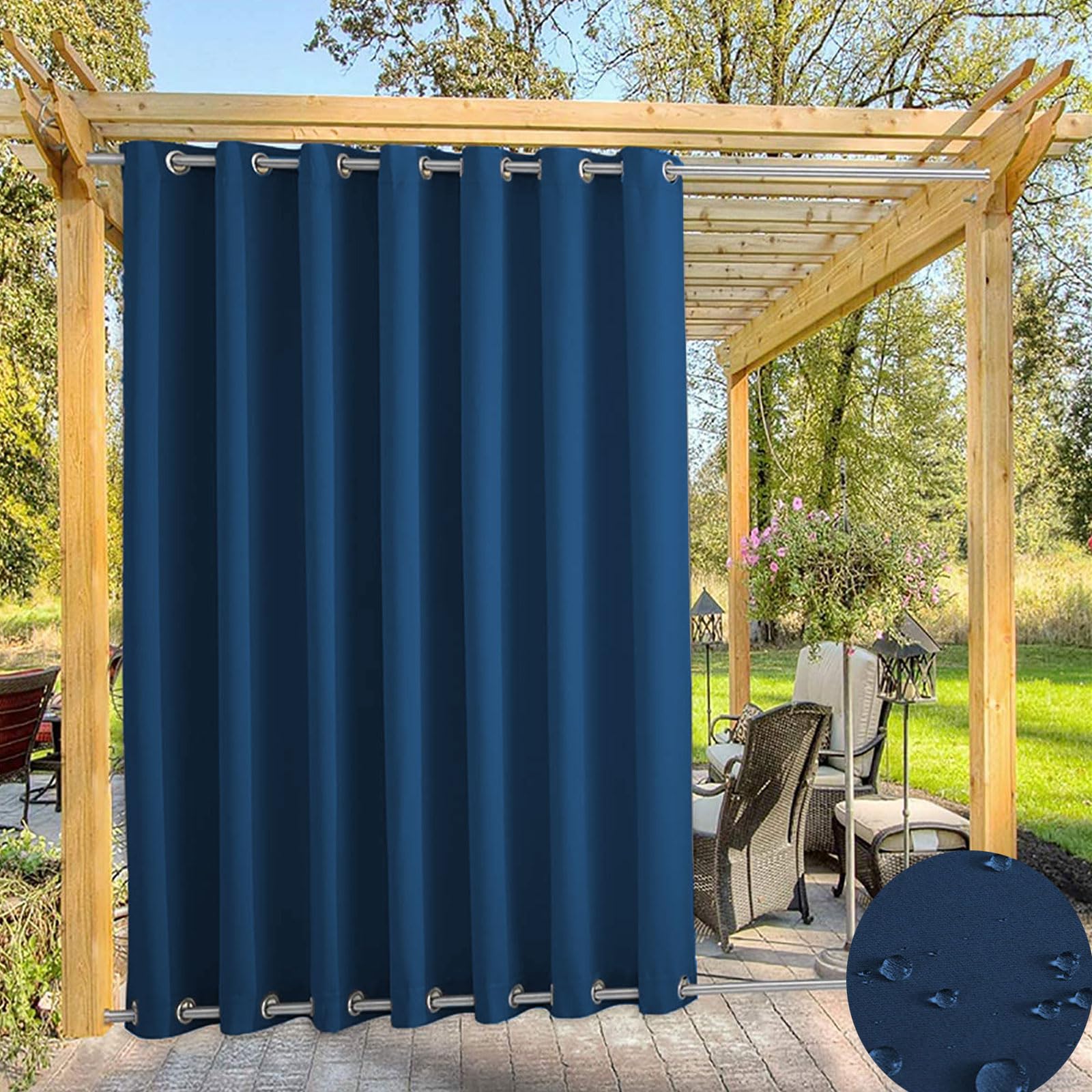 Waterproof Outdoor Curtain for Garden Patio Gazebo Curtains, Thermal Insulated Blackout Curtains with Grommet (Top and Bottom),Sun Blocking Curtains for Indoor |1 Panel, Navy-blue,W104''*H102''