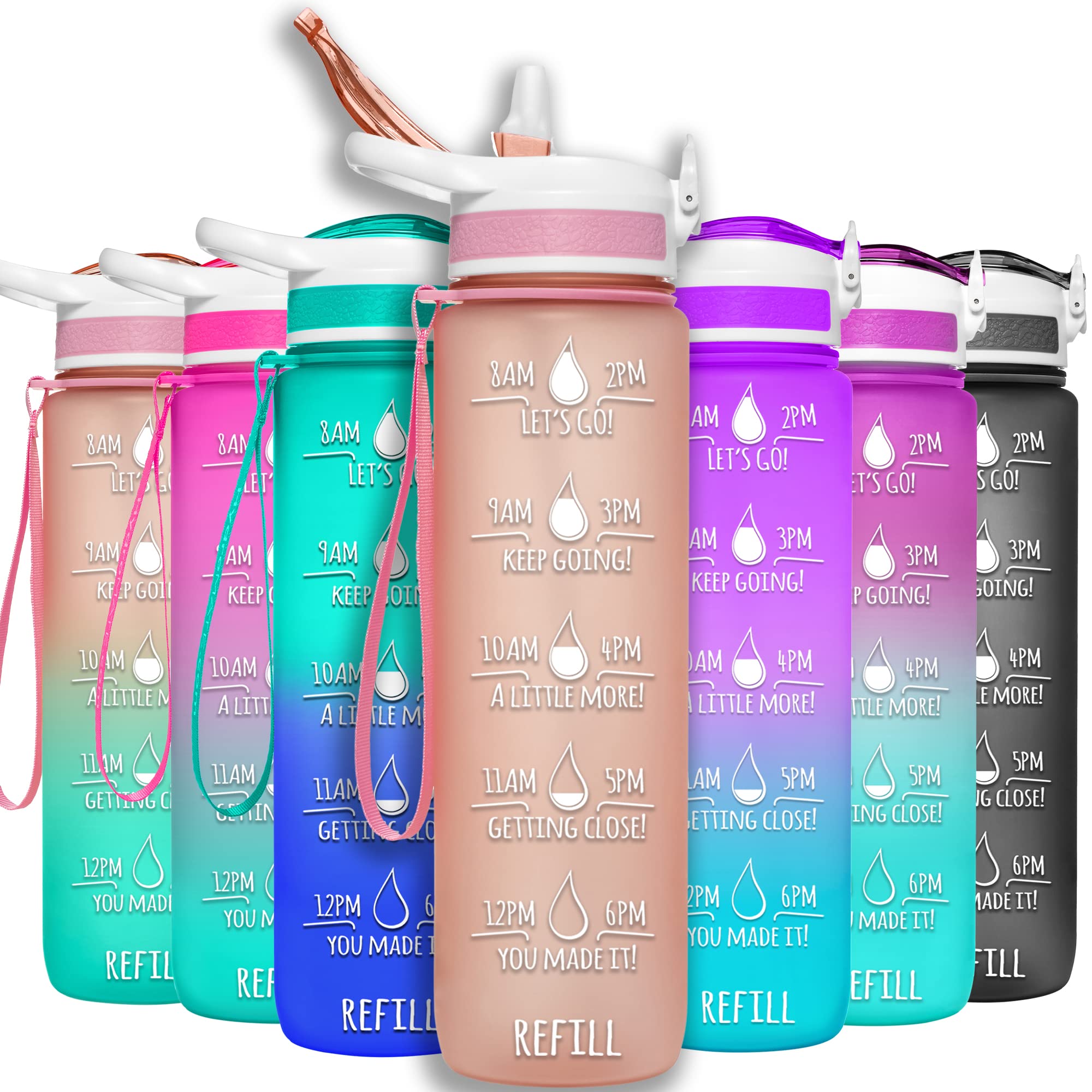 NatureWorksHydroMATE 32 oz Water Bottle with Time Markings Hourly BPA Free Reusable Leak Proof with Straw and Carrying Strap 1 Liter