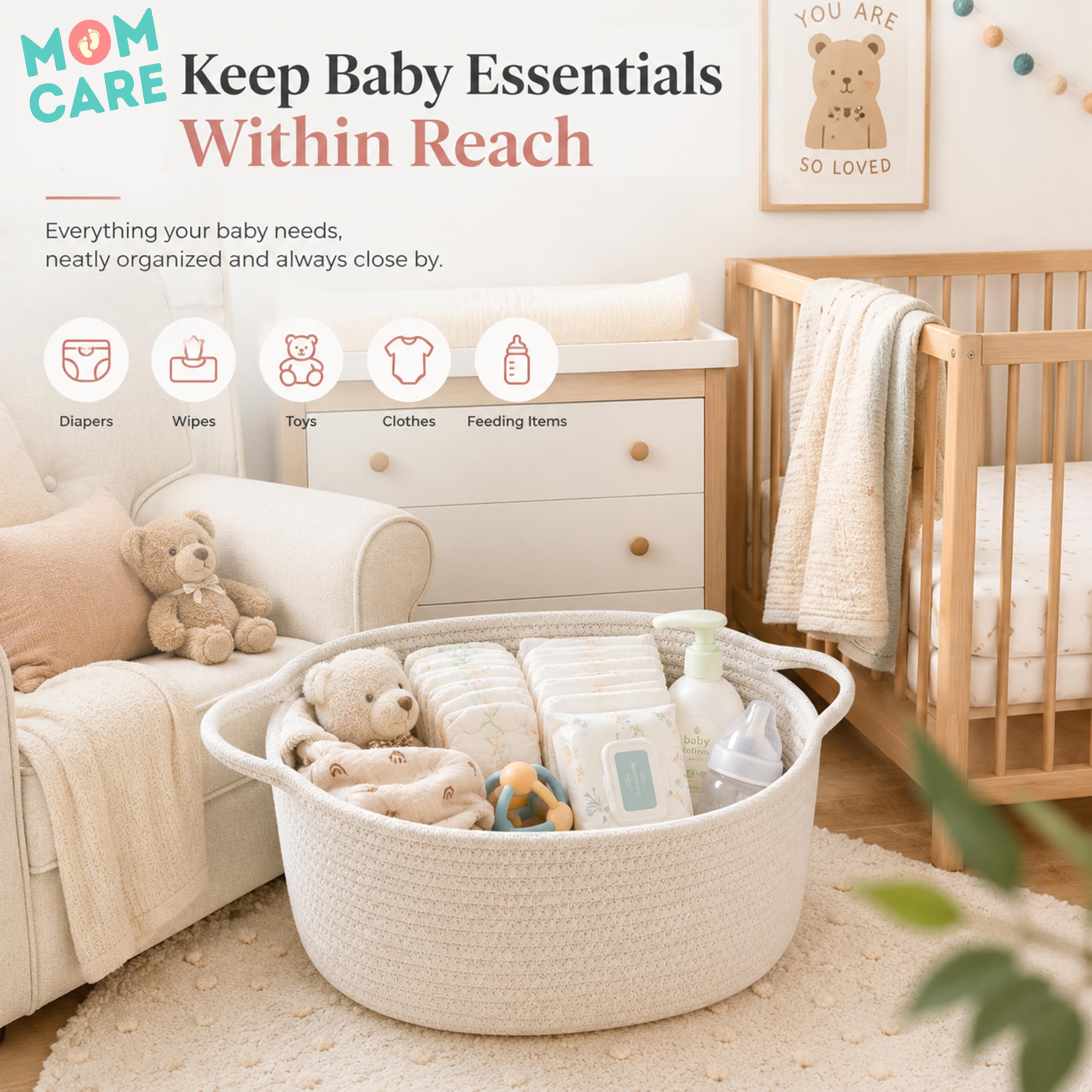 MOM CARE Cotton Rope Diaper Caddy Organizer for Baby Essentials | Nursery Storage Basket with Handles | Foldable Baby Organizer Bin for Diapers, Toys, Clothes & Nursery Storage | White 1