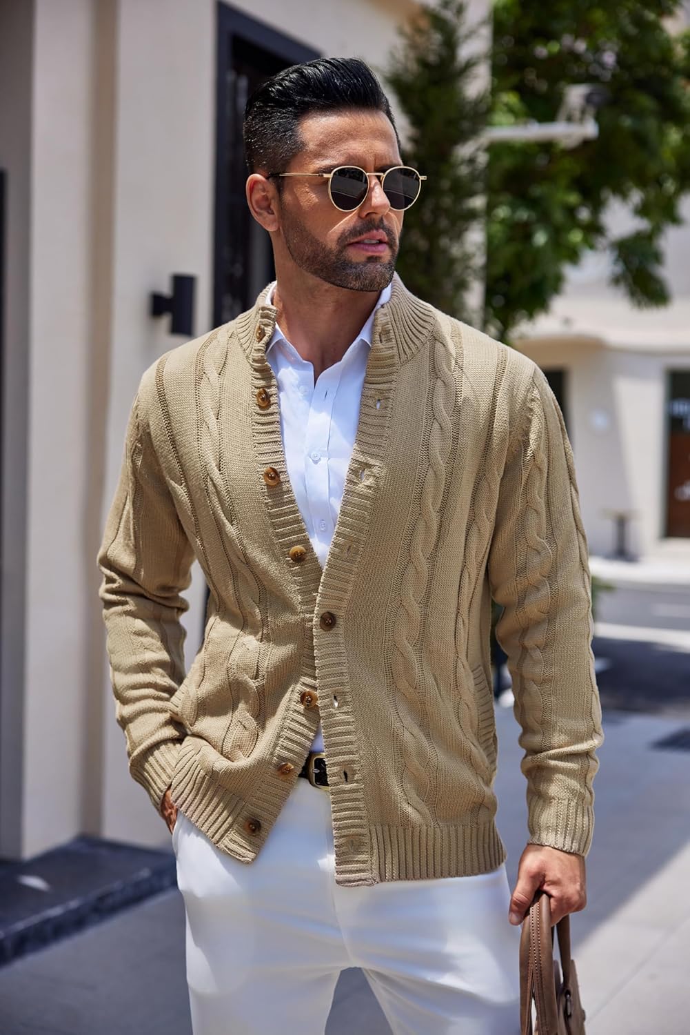 COOFANDY Men's Cardigan Sweater Slim Fit Stand Collar Cardigan Casual Cable Knitted Button Down Sweater with Pockets - Image 4