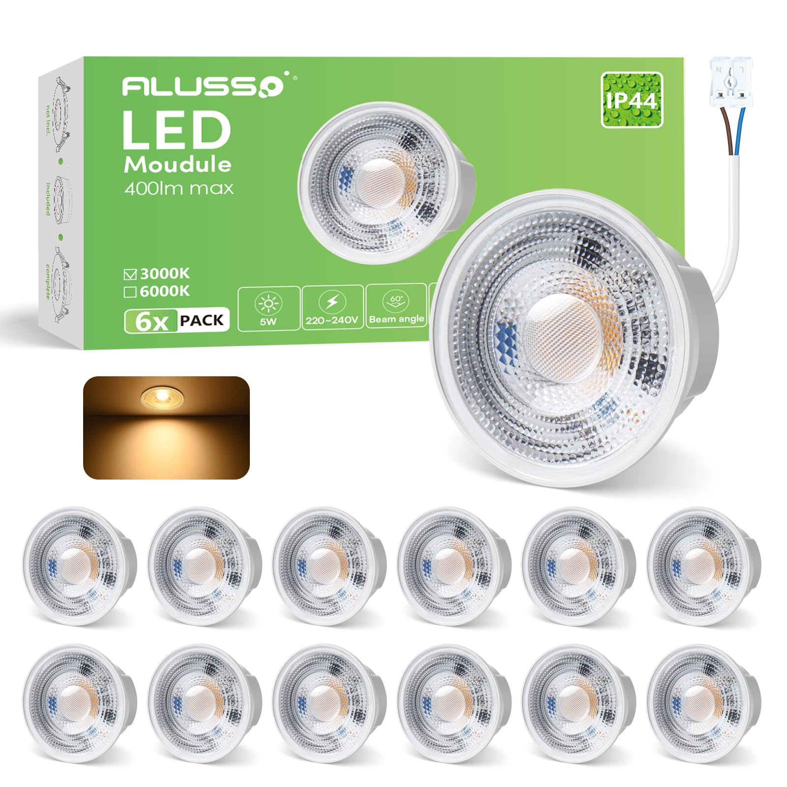 ALUSSO LED Modul Ultra Flach ø50x24mm für Einbaustrahler, 5W 400lm 230V | Warmweiß 3000K Nicht Dimmbar, Ersetzt GU10 MR16 Leuchtmittel, IP44 Wasserdicht, 12er