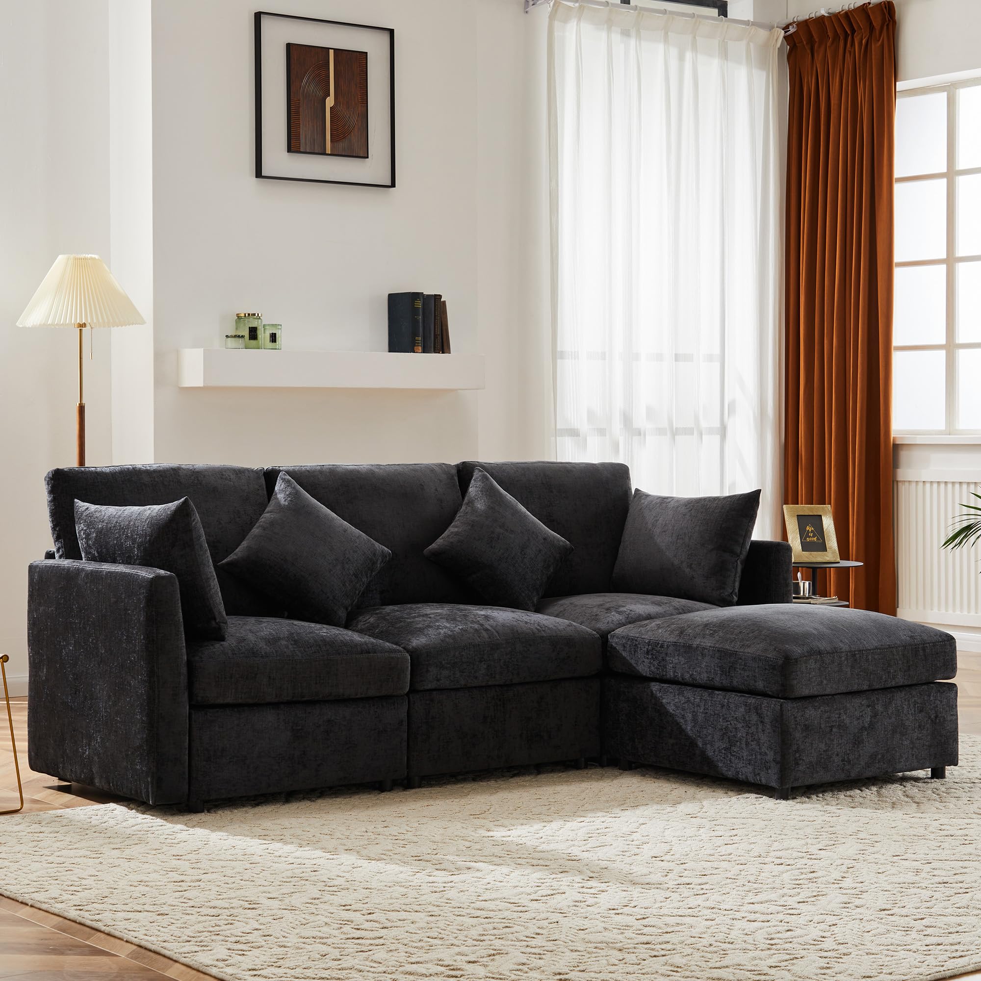 Azkoeesy Moderno divano angolare a forma di L con poggiapiedi, 3-4 posti, in ciniglia, con 4 cuscini, per soggiorno, 216 x 161 x 81 cm (grigio)
