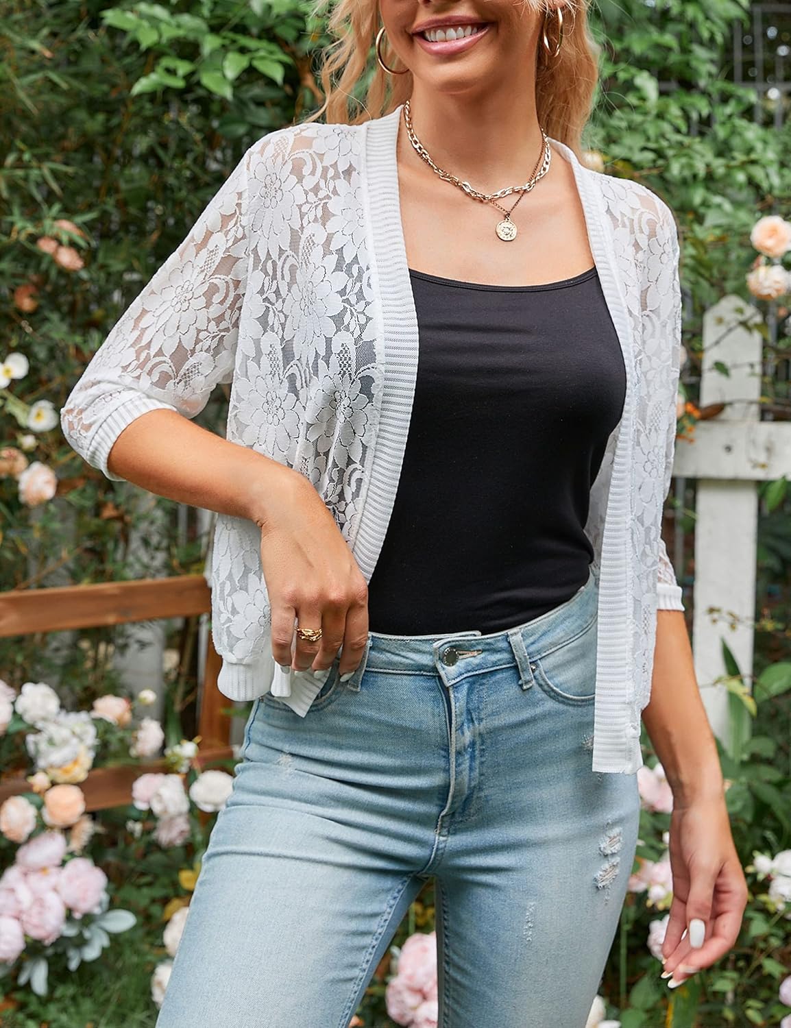 Chevara Women’s Casual Summer Lace Cardigan 3/4 Sleeve Floral Crochet Cardigans Shrug Sweaters - Image 2