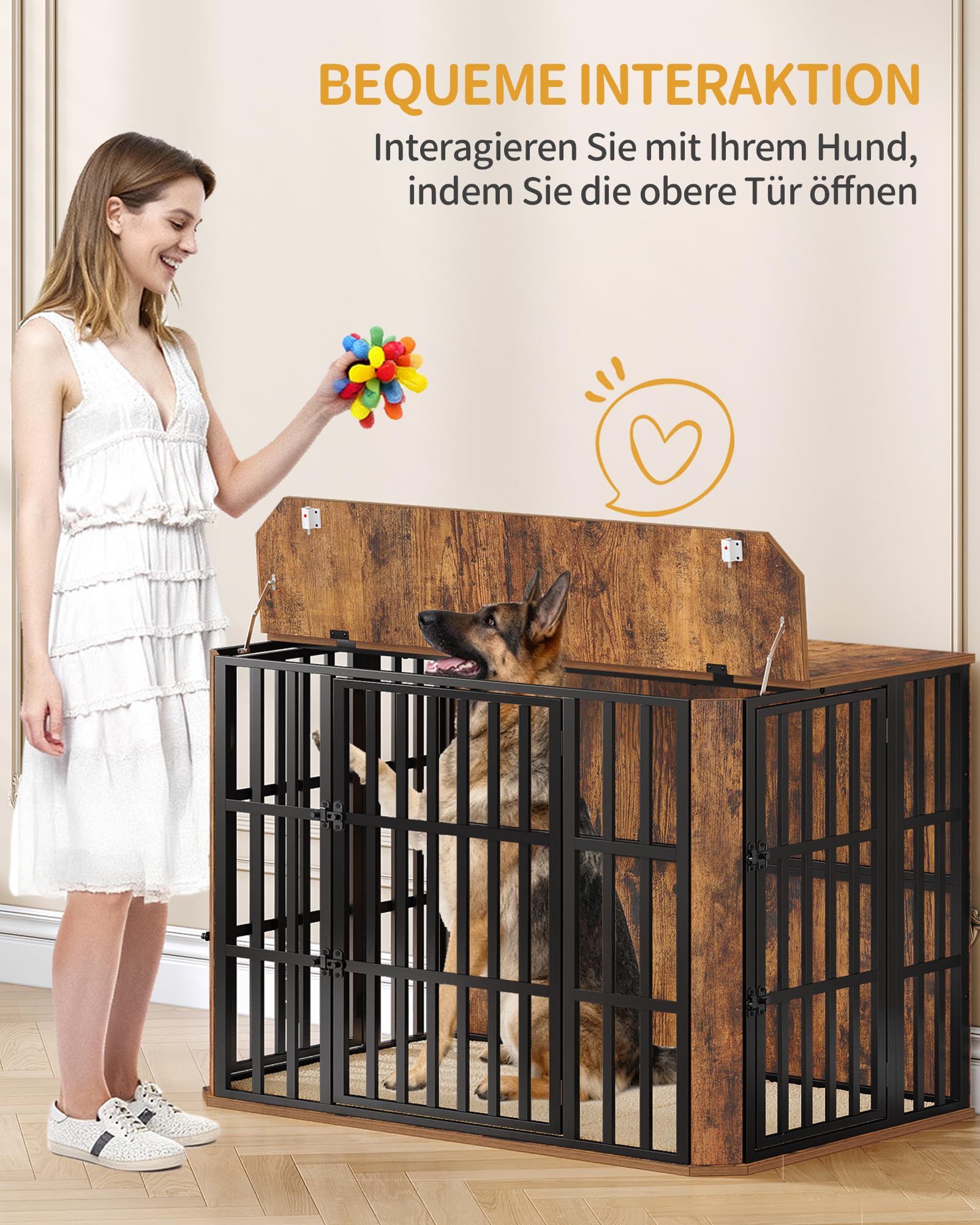 Hzuaneri Hundekäfig Möbel, Hochbelastbar Hundebox aus Holz für den Innenbereich mit Futtertür Oben, Mehrtür-Design, Großer Hundekäfig-Beistelltisch, 120 x 75 x 81 cm, Vintage Braun DFC86801B