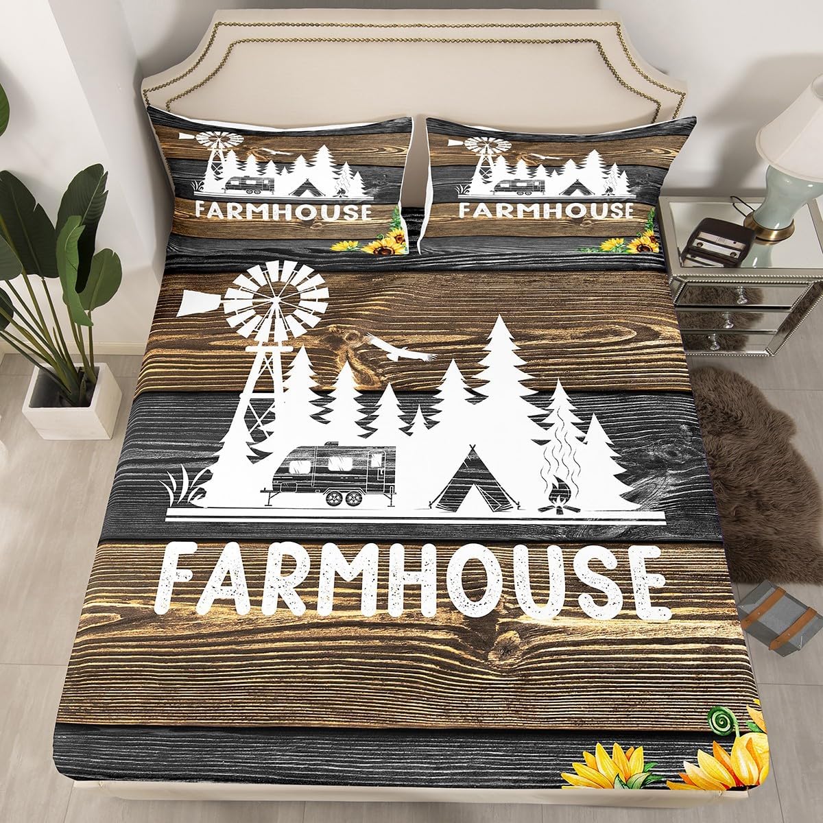Old Barn Door Full Sheets Vintage Farmhouse Fitted Sheet, Camping Camper RV Accessories Bed Sheets Full Chic Sunflower Bed Cover Retro Windmill Bedding Gray Brown Home Decorative (Deep Pocket)