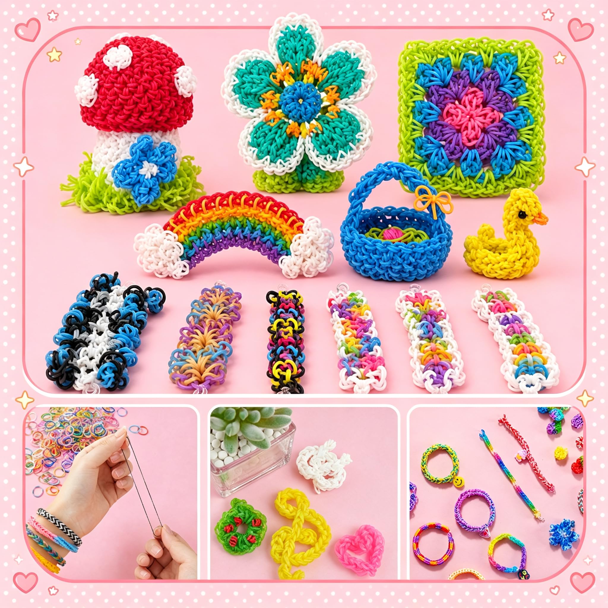 INSCRAFT 17160+ Kit di ricarica per elastici in 34 colori con 600 clip, 6 ganci, 1 istruzioni (lingua italiana non garantita), kit fai da te per la creazione di braccialetti fai da te, ottimo regalo