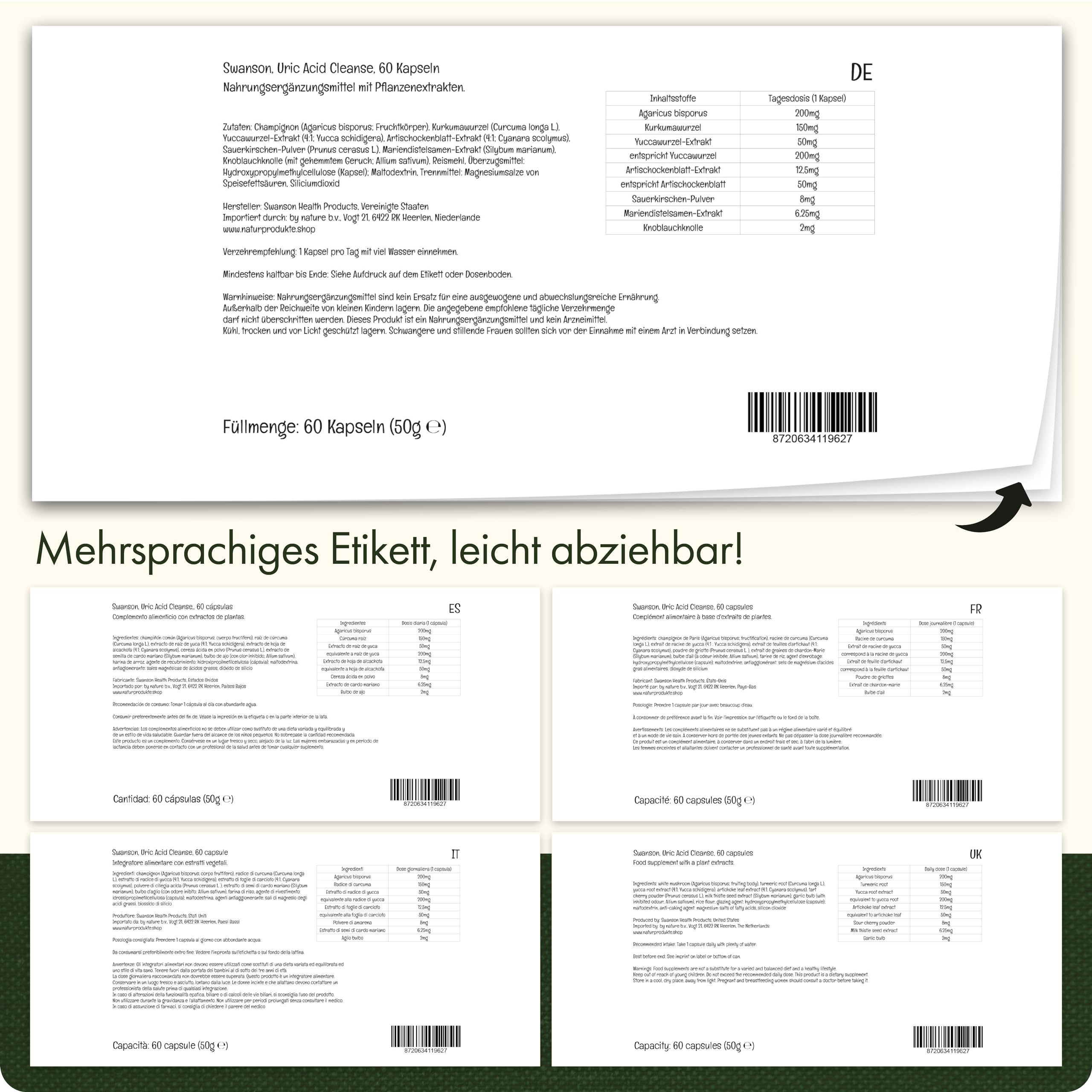 Swanson, Uric Acid Cleanse, 60 vegetarische Kapseln, 200mg Agaricus bisporus, 150mg,50mg Kurkumawurzel & Yuccawurzel-Extrakt je Dosis, Glutenfrei, Sojafrei, GMO frei, Geschmacksneutral